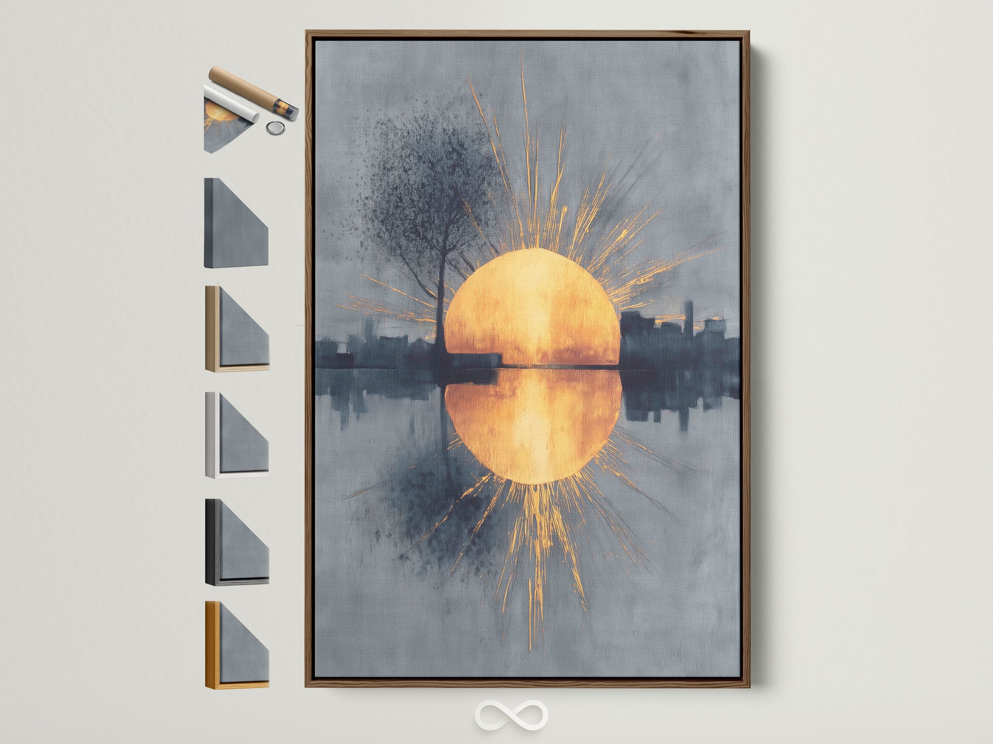 A captivating sunrise reflection artwork is framed in a warm brown. The artwork presents a golden sun rising over a cityscape. The reflection shimmers on the water below. Frame options are displayed beside it showing available choices.