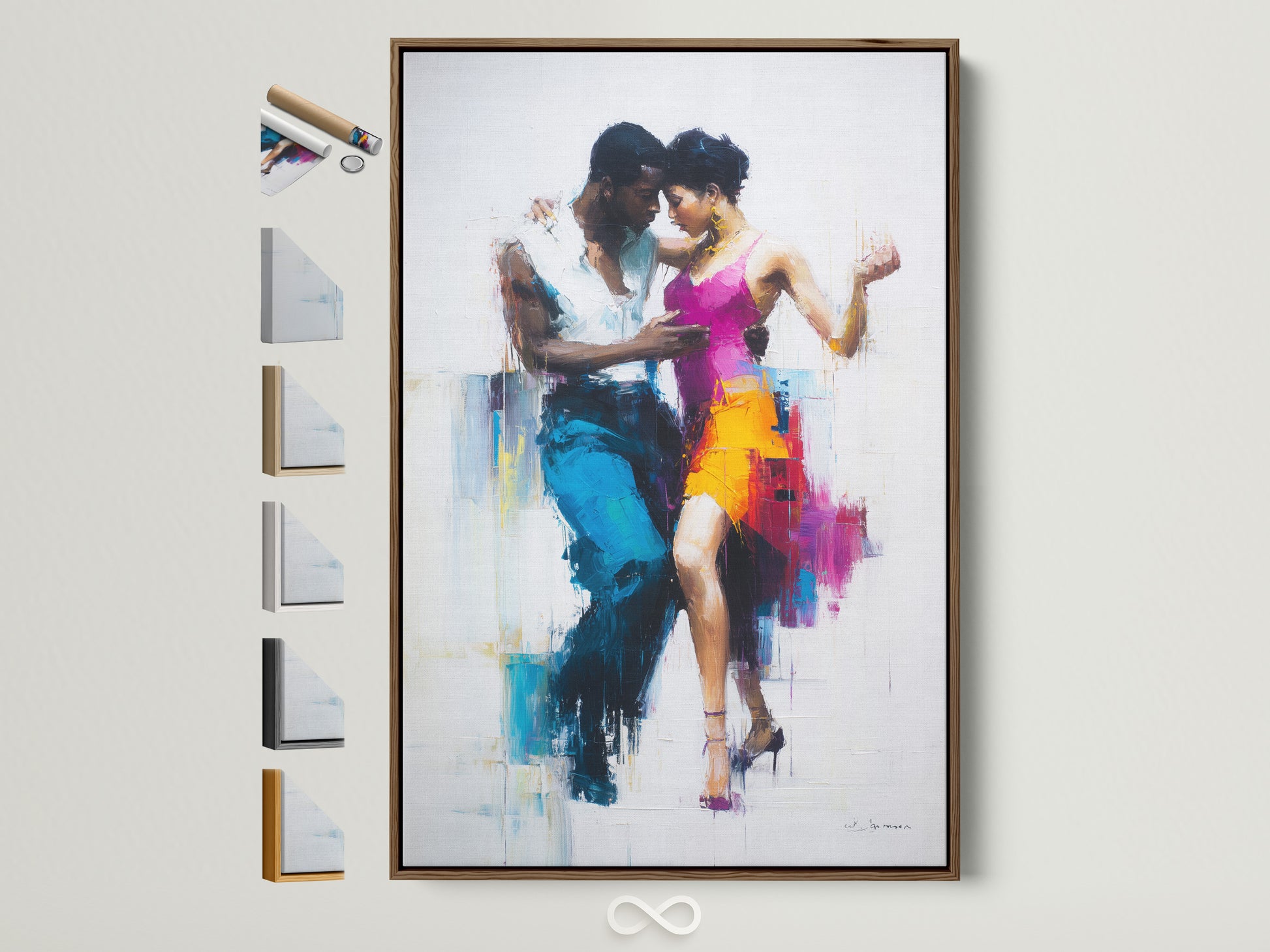 A captivating artwork of a dancing couple graces a wall. It is framed in a warm brown tone. Notice how the frame enhances the art. Options for frames are displayed. The art is a celebration of movement. It captures the passion of dance. This art piece is sure to add elegance to any space.