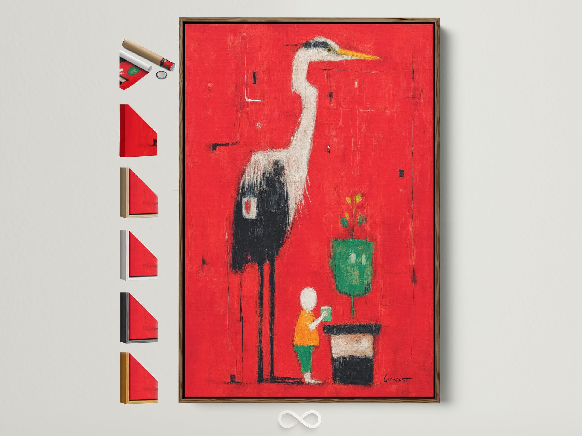 Heron Art Canvas Print in a brown frame. This red abstract wall art features a modern bird artwork. See all our frame options displayed on the side. Perfect for office decor and contemporary spaces.