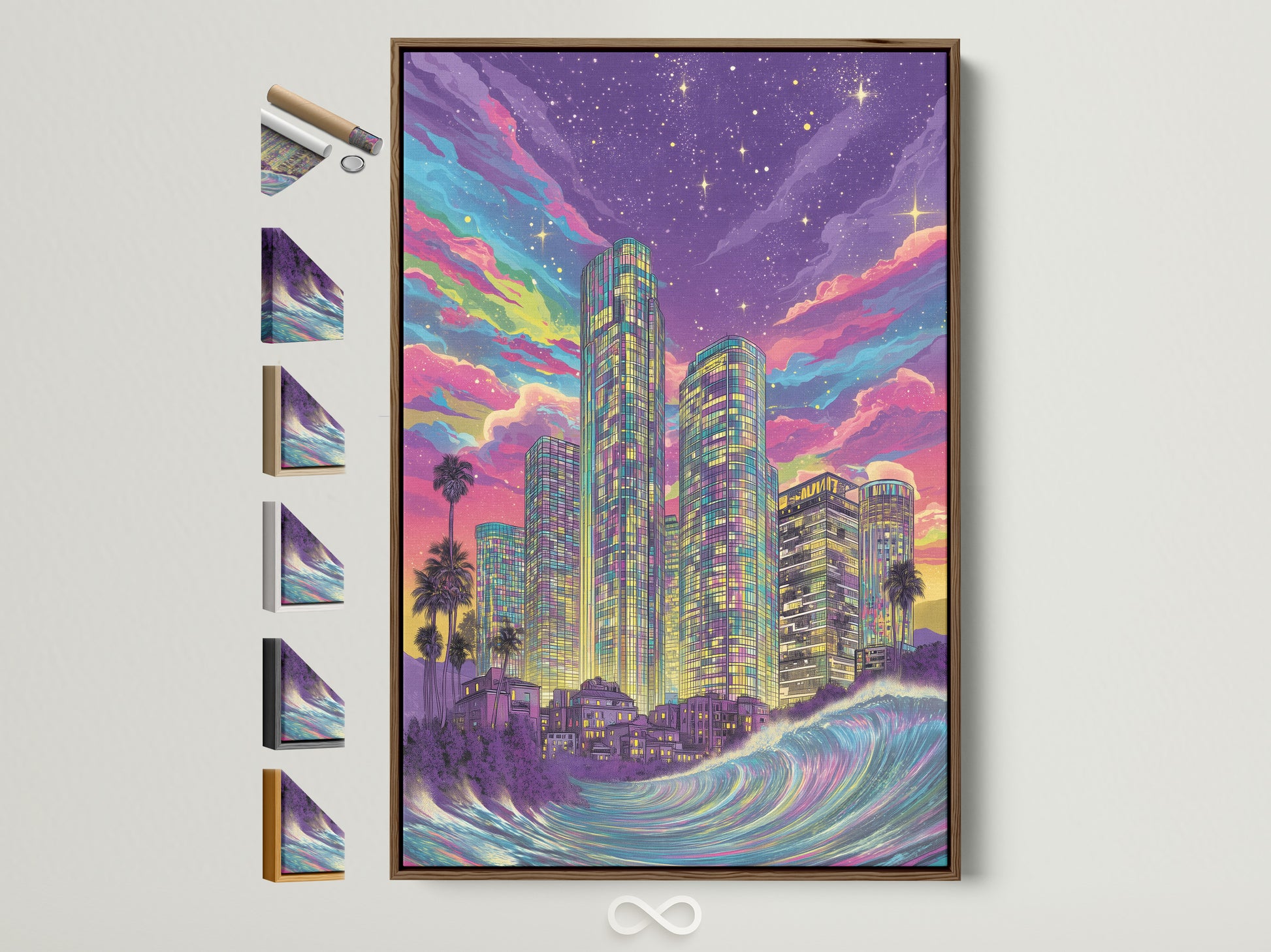 Explore our art frame options. This brown frame displays a synthwave cityscape artwork. See all available frame styles. Find the perfect frame for your neon wall art today. Retro futuristic style for home or office.