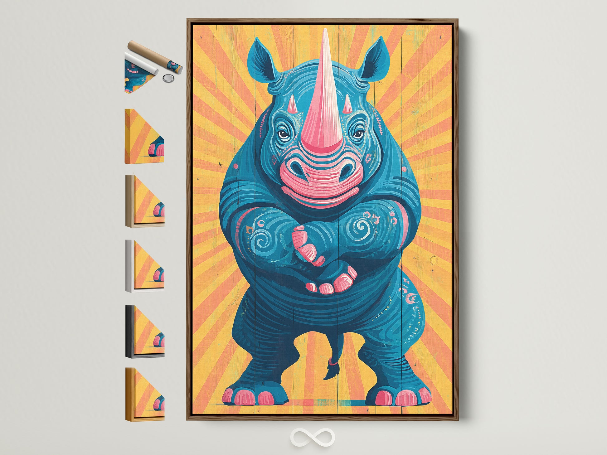 A charming rhino artwork framed in a natural brown wood. Explore framing options. See the variety of frame styles. Different frames are displayed along the side. Find the perfect frame to complement your safari print or animal canvas.