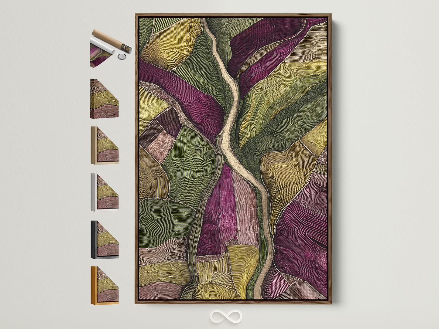 Artwork with a brown frame showcasing various frame options. Explore the different frame styles available. Find the perfect frame to complement your artwork. See the full selection of frame choices.