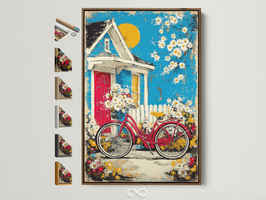 Cottage Garden artwork in a brown frame is displayed. The artwork features a vintage red bicycle with flowers. The background shows a charming cottage with a blue exterior. The frame options are visible on the side rustic wall art.