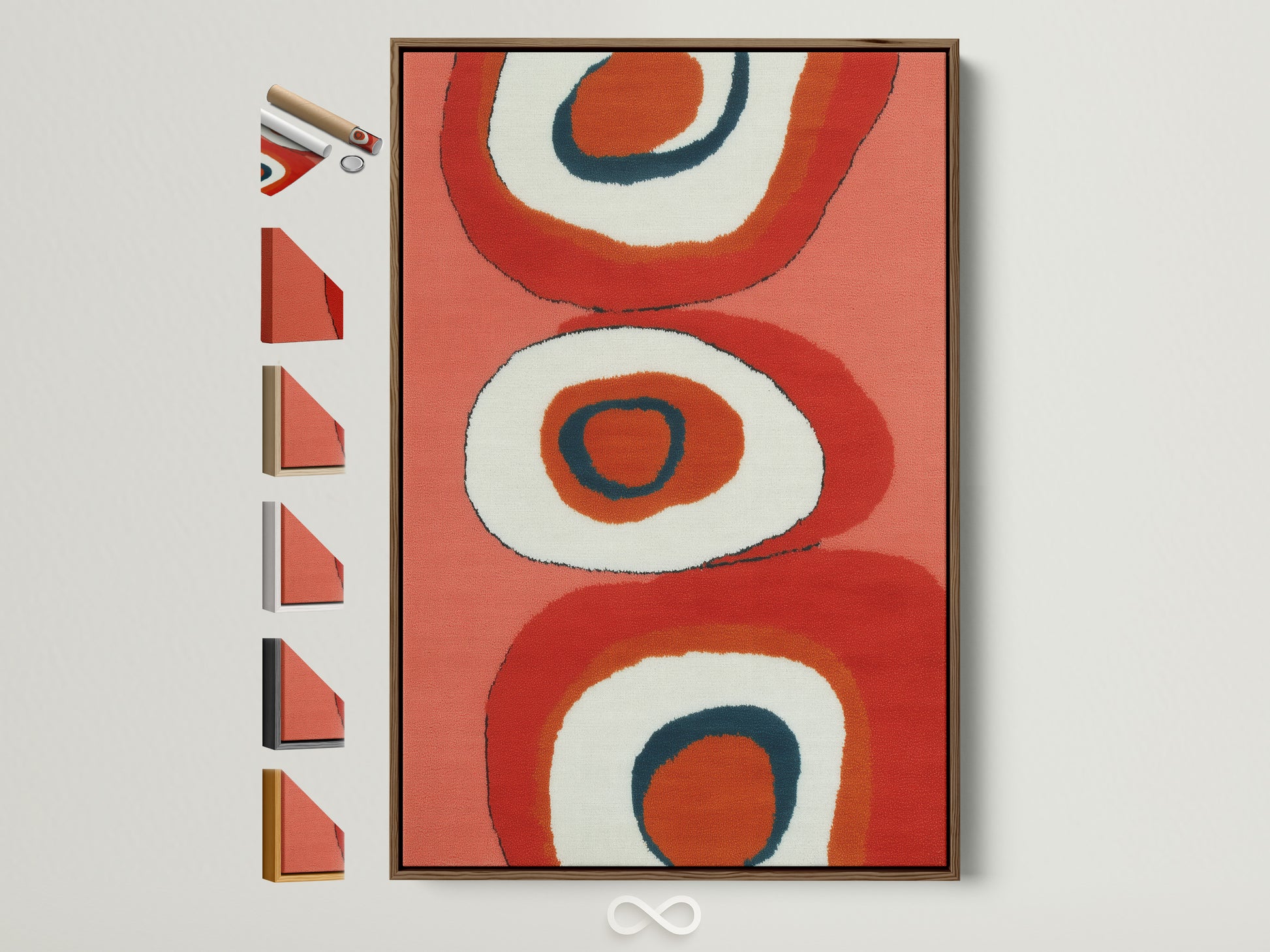 Elevate your space with mid-century abstract canvas art. This retro orange geometric artwork features a brown frame. Displayed with available frame options on the side. Perfect vintage modern decor for your dining room or living space.