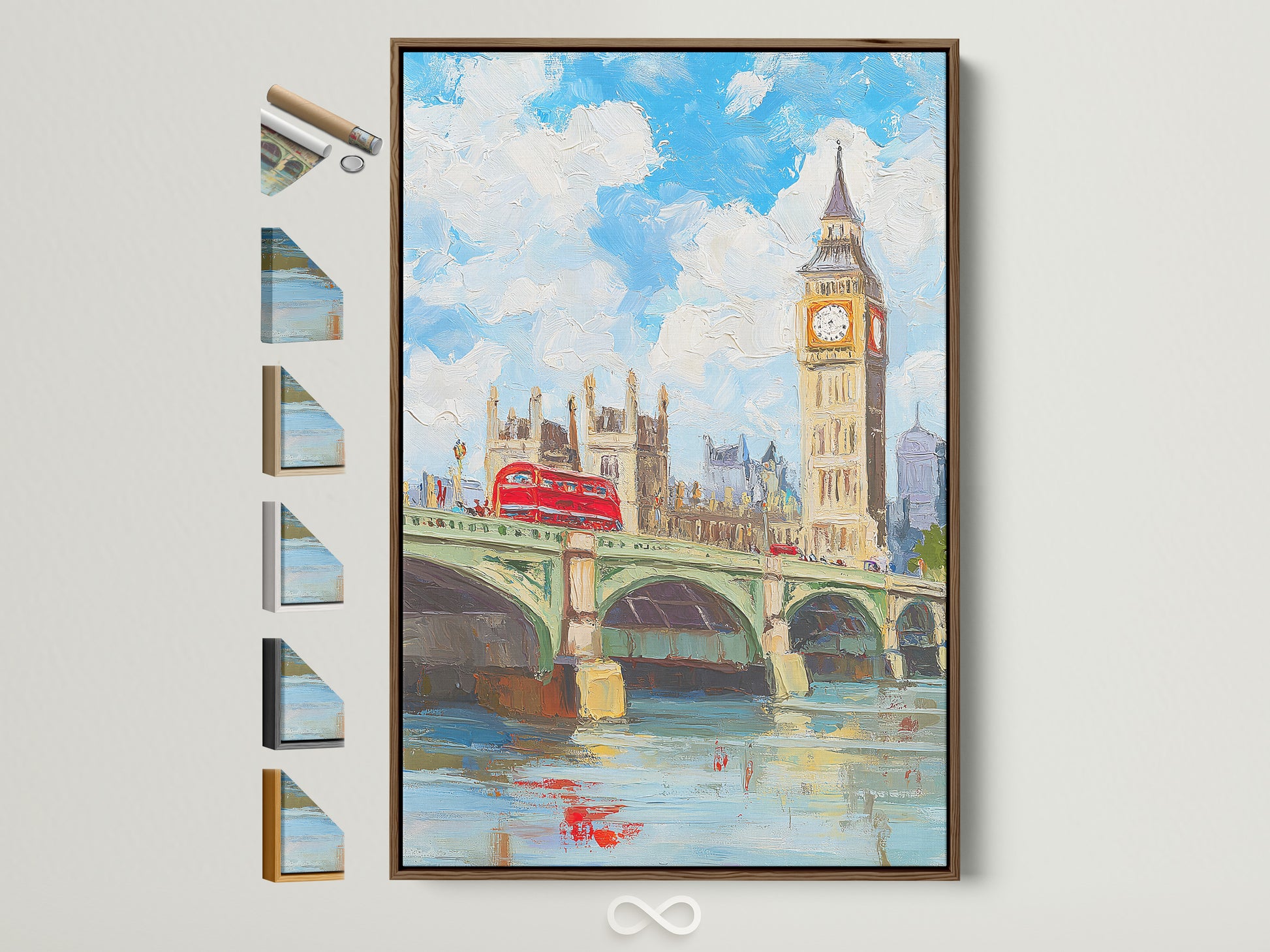 Framed London Big Ben art piece with various frame options displayed. This British cityscape artwork features Westminster Bridge. The photo showcases available frame styles for fine art prints. Perfect office wall decor.