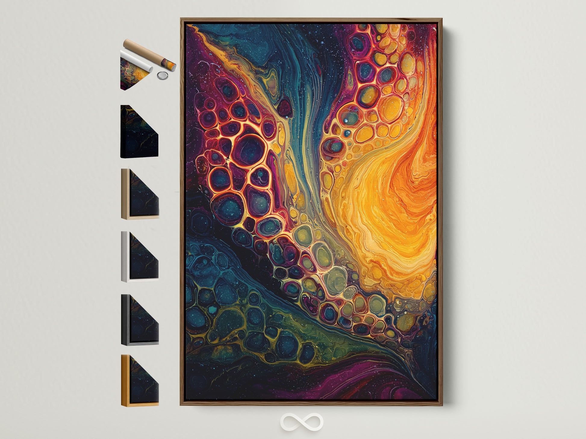 A vibrant artwork is displayed in a brown frame. The artwork features a mesmerizing blend of colors and abstract shapes. This frame option is showcased alongside other available frame styles. Explore various framing choices to enhance your artwork. Find the perfect frame to complement your art.