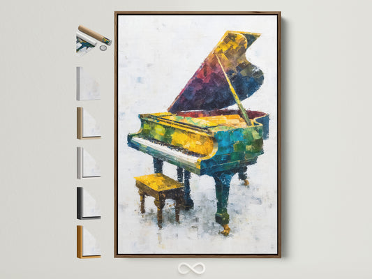 A colorful piano artwork is displayed in a brown frame. This vibrant grand piano poster adds a touch of music to any room. Discover frame options for this abstract music canvas wall art. Perfect for music lovers and modern wall art enthusiasts seeking unique decor.