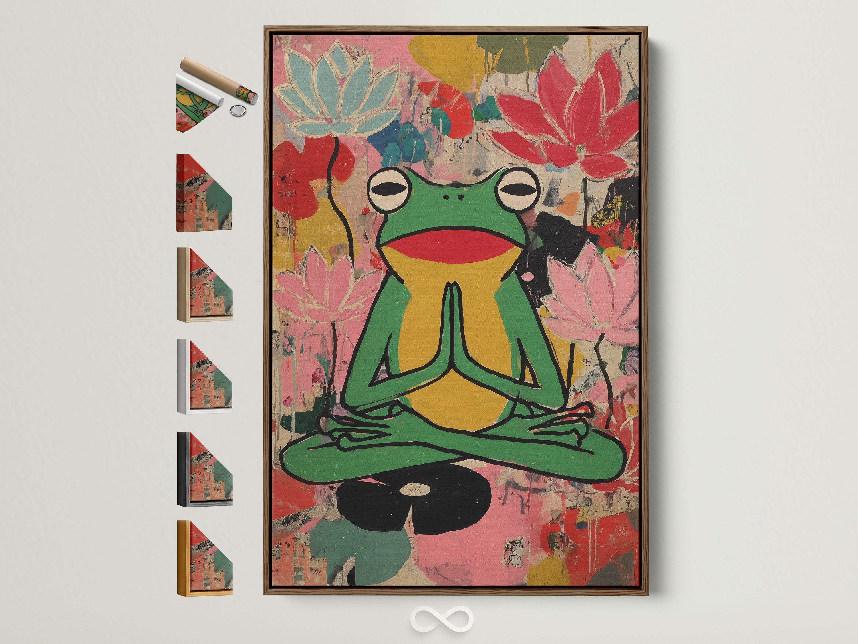 Zen Frog Canvas artwork in a brown frame. This meditation lotus wall art brings colorful yoga studio decor for mindfulness. It's perfect for wellness spaces and art lovers. The artwork complements eclectic boho contemporary styles
