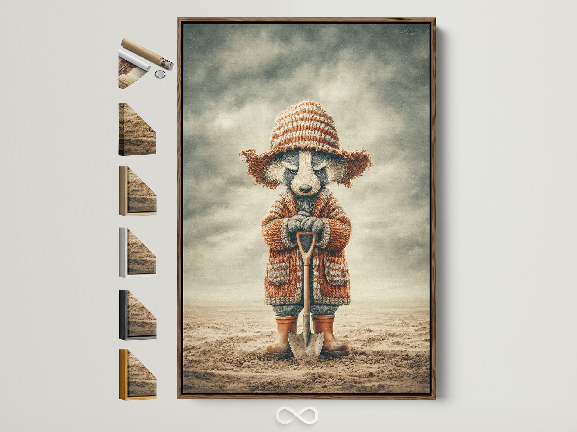 A whimsical raccoon artwork print is displayed in a brown frame. Various frame options are showcased alongside. This vintage animal wall art would make a great addition. Perfect for a cozy woodland nursery or kids room. Elevate your decor with this charming piece.