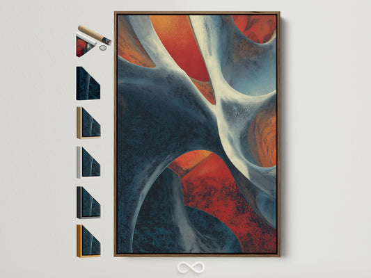 Abstract artwork in a brown frame hangs on a white wall. The artwork features a mix of red white and dark blue colors. All frame options are showcased. Find the perfect frame to complement your art and interior decor.