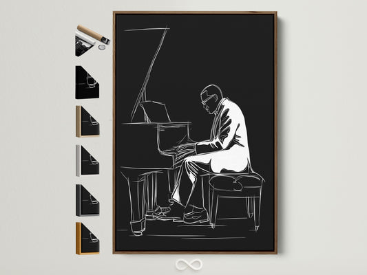 Black and White Jazz Piano Artwork displayed in a brown frame. The frame is hung on a white wall. Several frame options are displayed on the side. Perfect minimalist musician wall art. Add a touch of music room decor to your space with this contemporary artwork.