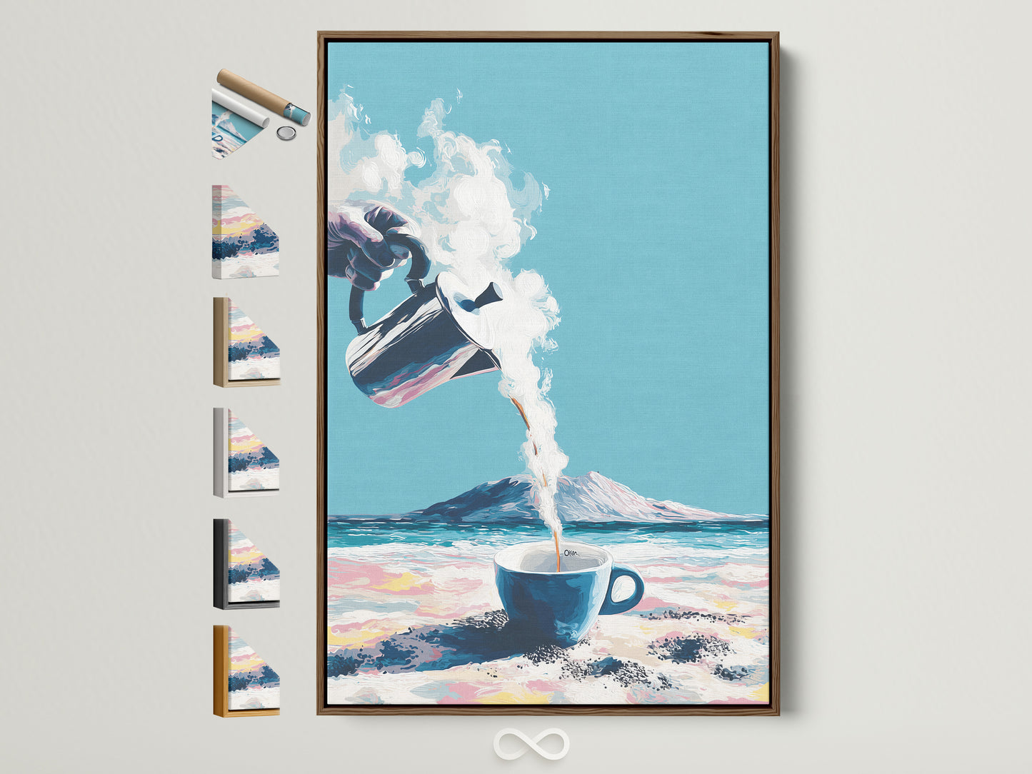 Coastal Coffee artwork with a brown frame. View all frame options. Perfect coffee wall art for your kitchen. Add a touch of the beach to your cafe decor. A great gift for any coffee lover.