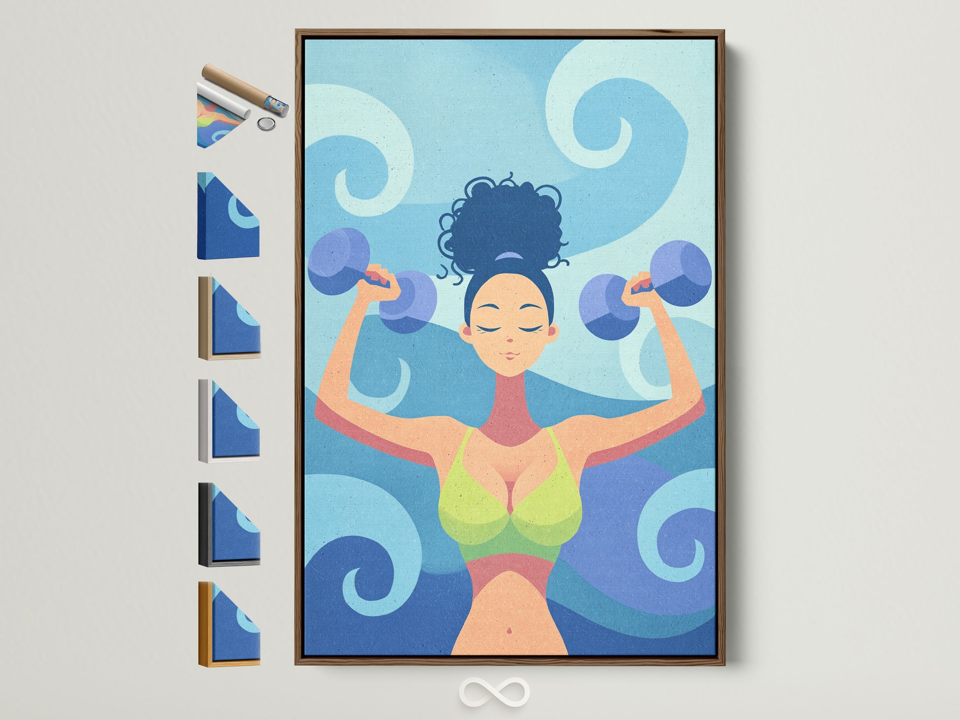 Brown frame showcases fitness woman artwork. It displays all frame options. The motivational gym wall art features a workout illustration. Perfect for home gym decor. The art embodies strength training.