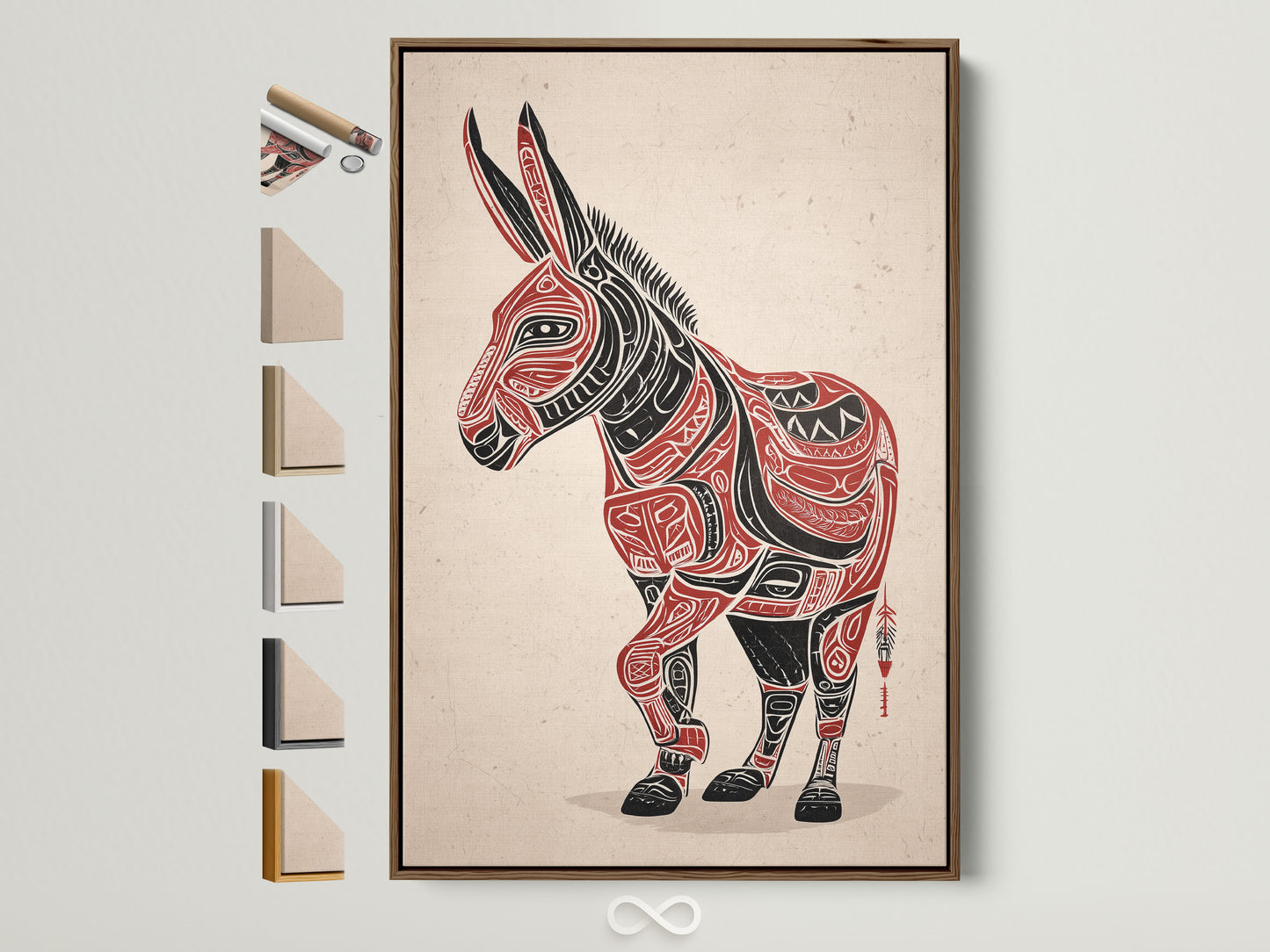A brown-framed Tribal Donkey art print hangs on a wall. The artwork features a donkey in Native American style. Frame options are displayed beside it. This southwestern animal artwork is ideal for office decor or rustic homes. The primary color is red and secondary color is black.