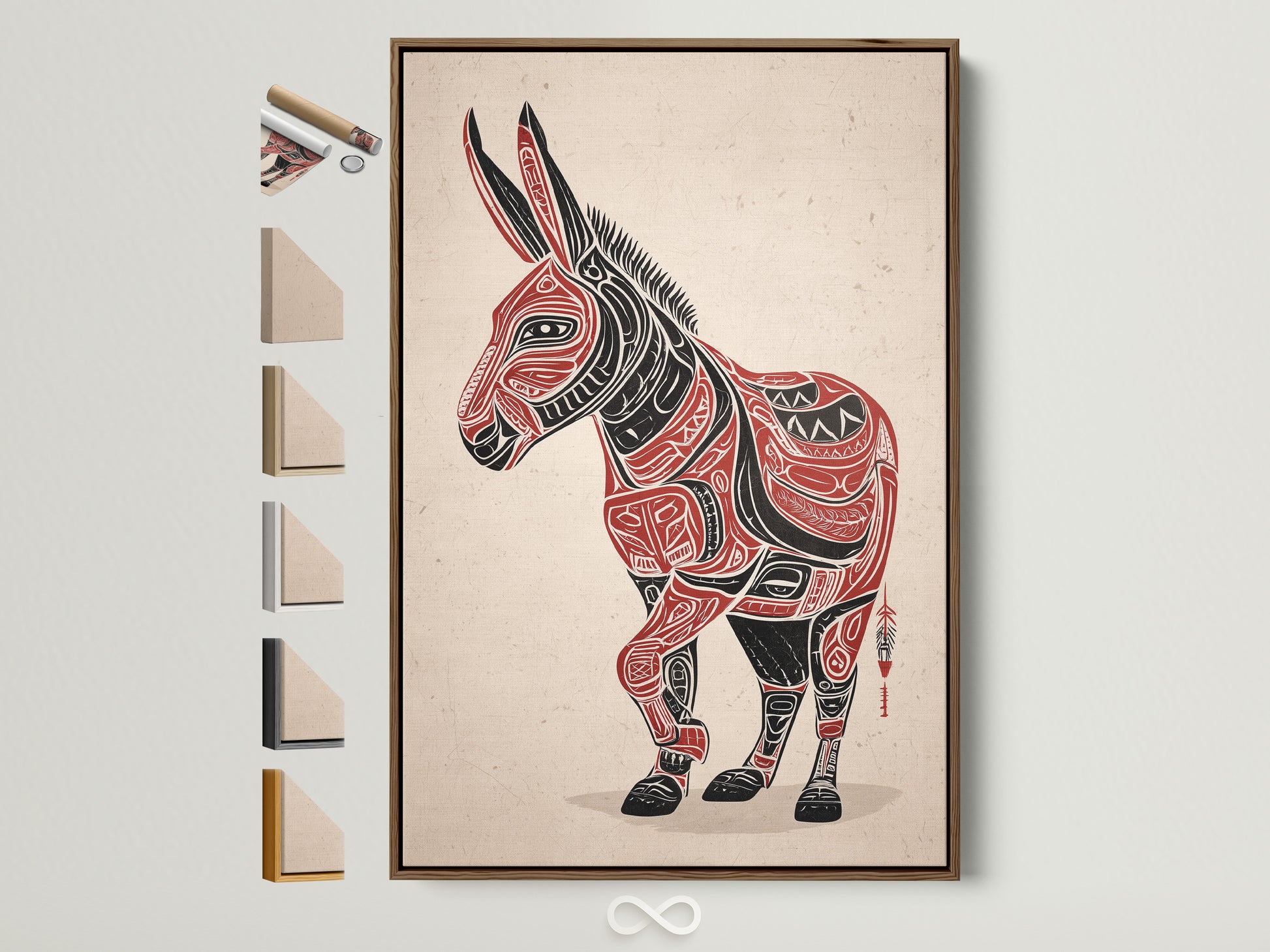 A brown-framed Tribal Donkey art print hangs on a wall. The artwork features a donkey in Native American style. Frame options are displayed beside it. This southwestern animal artwork is ideal for office decor or rustic homes. The primary color is red and secondary color is black.