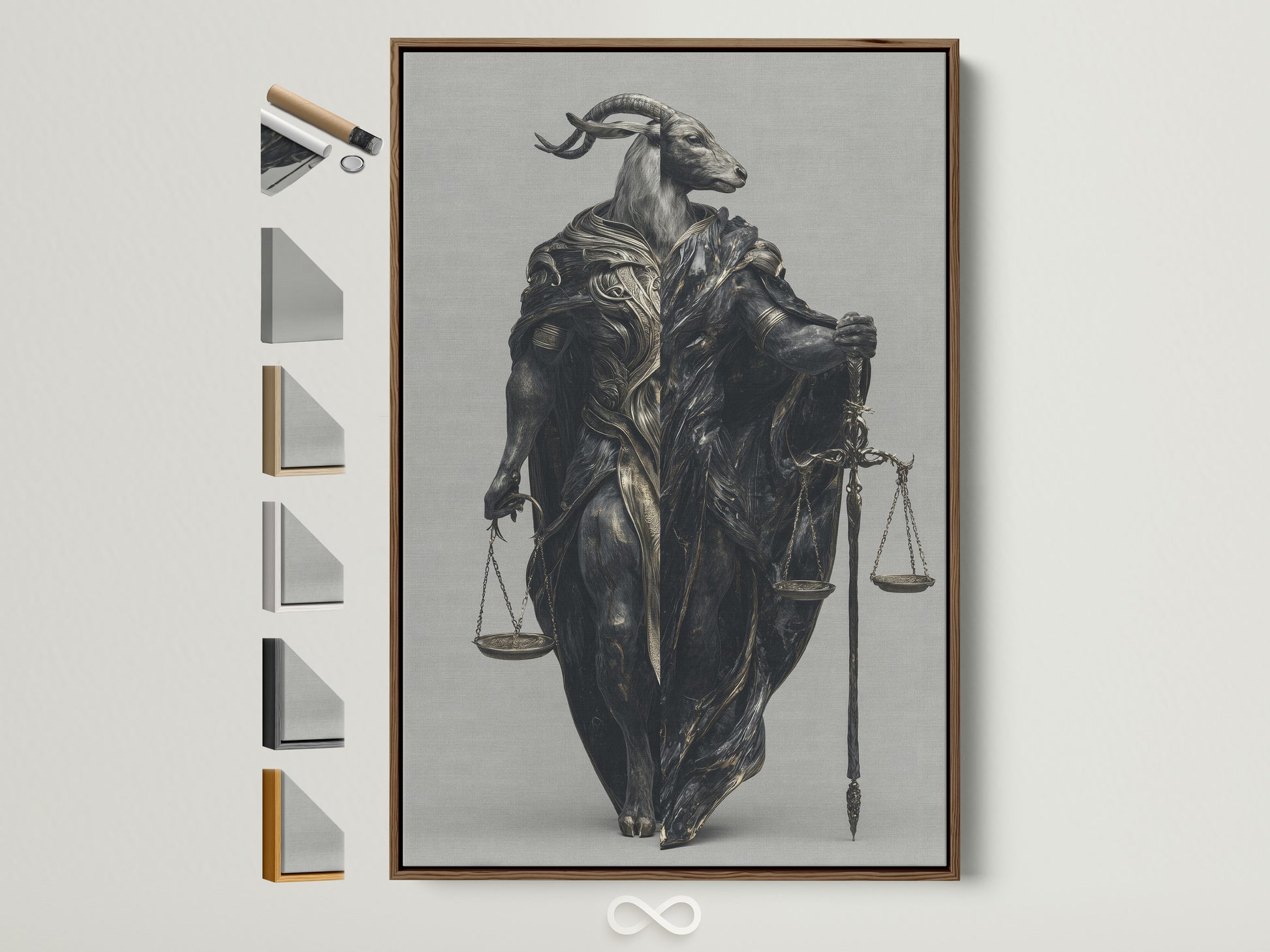 Justice Scales Goat Artwork with a brown frame. All available frame options are visible on the side. This surreal legal wall art is perfect for office study room decor. The dark fantasy canvas adds a unique touch to any space.