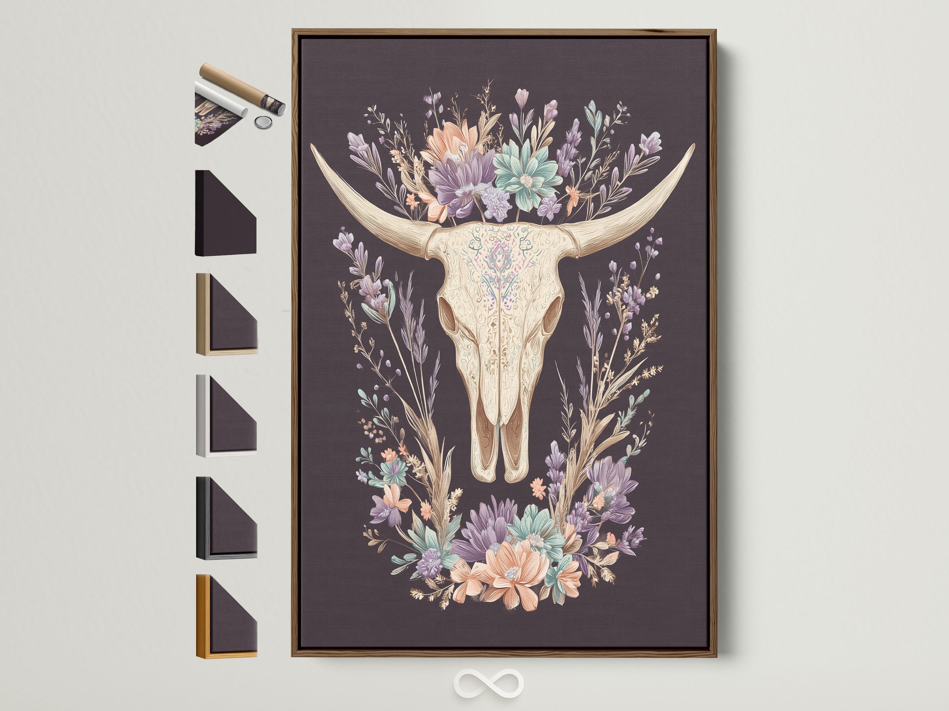 Artwork featuring a bovine skull with floral elements. It is encased in a brown frame. This piece is part of a collection with various frame options. Perfect art to add a touch of rustic charm. Consider the different frame styles available.