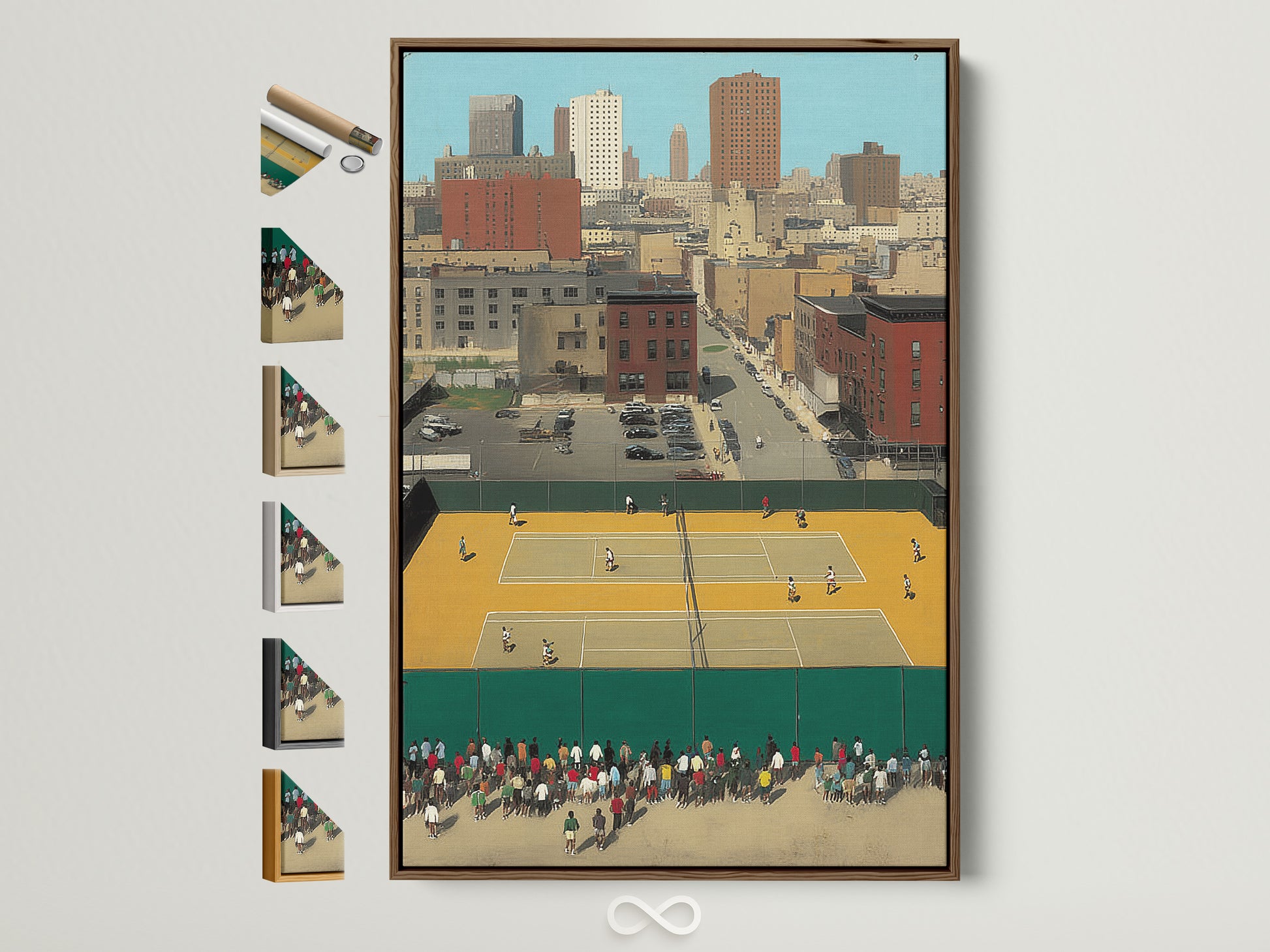 A framed Urban Tennis Court artwork hangs on a white wall. The brown frame complements the mid-century style. Other frame options are displayed. This vintage city sports art adds retro charm to any room. It's perfect sports wall decor.