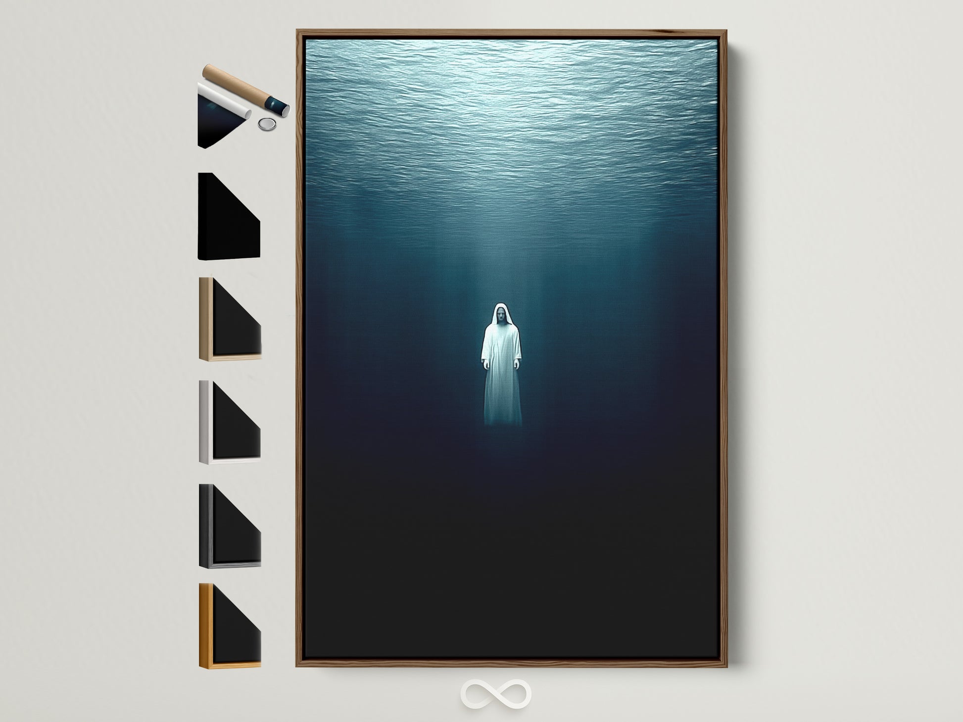 A brown frame displays underwater figure artwork. All frame options are showcased on the side. This ethereal wall art brings a moody ocean theme. It's perfect for a meditation space or as spiritual decor. Elevate your space with this tranquil print.