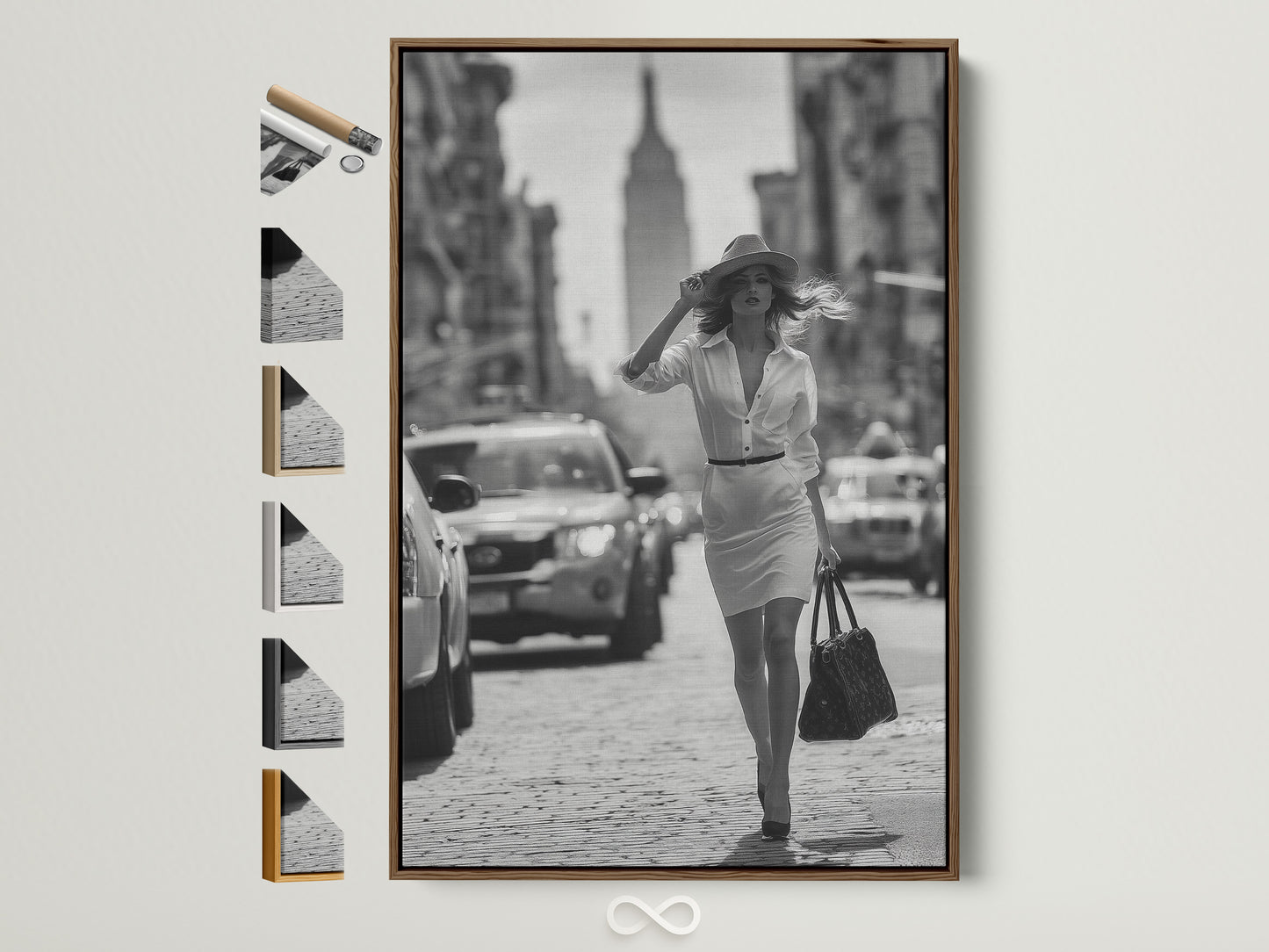 Elevate your space with framed artwork. Discover our brown frame option. This frame showcases a black and white photograph of a woman in a city street. Browse our frames to find the perfect style for your art.