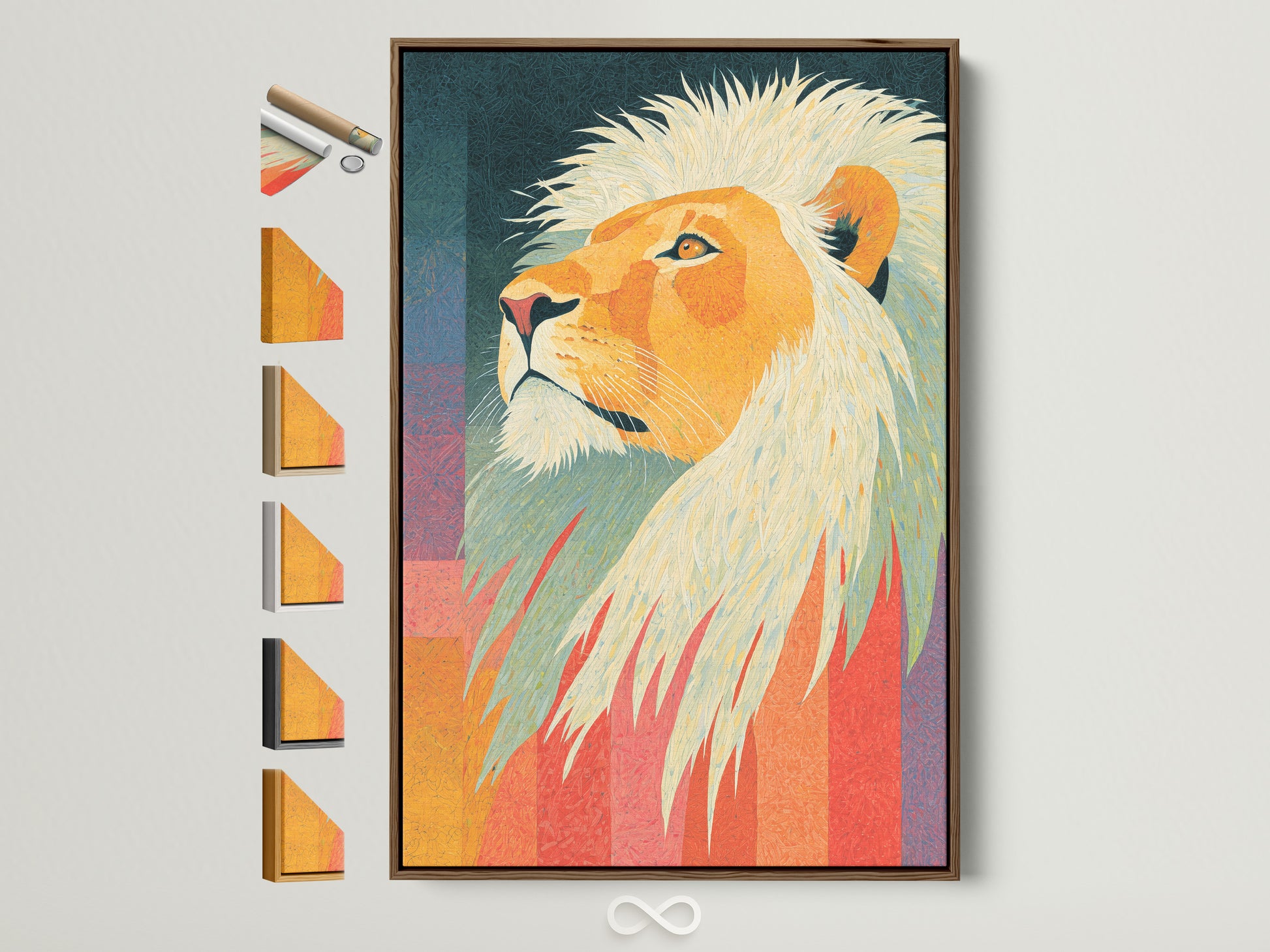 Explore framed art options. This image showcases a brown frame. See available frame styles on the side. Find the perfect frame to complement your artwork. Discover framing solutions for every art piece.