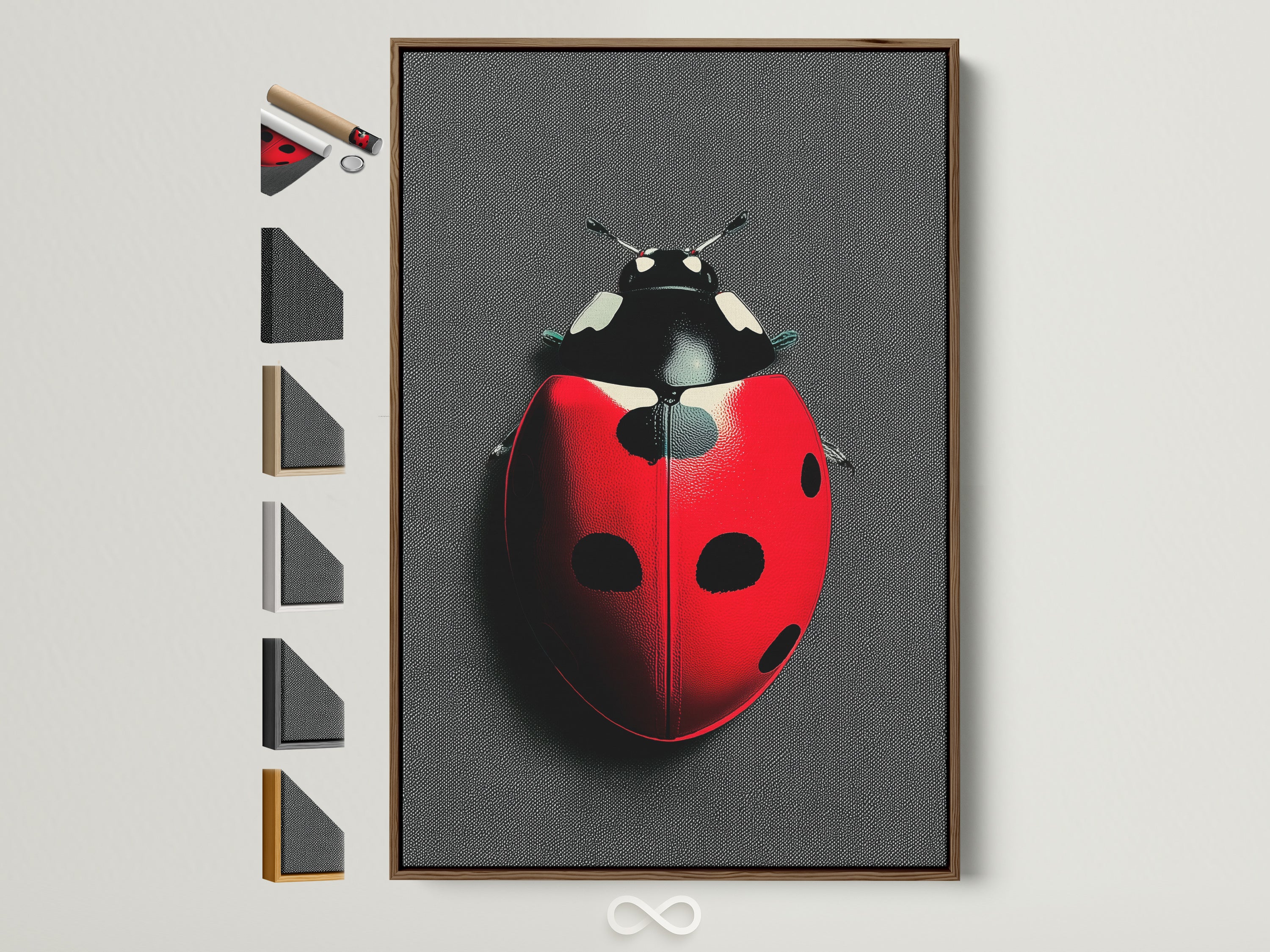 A ladybug artwork in a brown frame. The artwork features a red and black ladybug against a gray textured background. Frame options are displayed on the side. This contemporary beetle artwork is perfect for playroom wall decor or kids' room art.