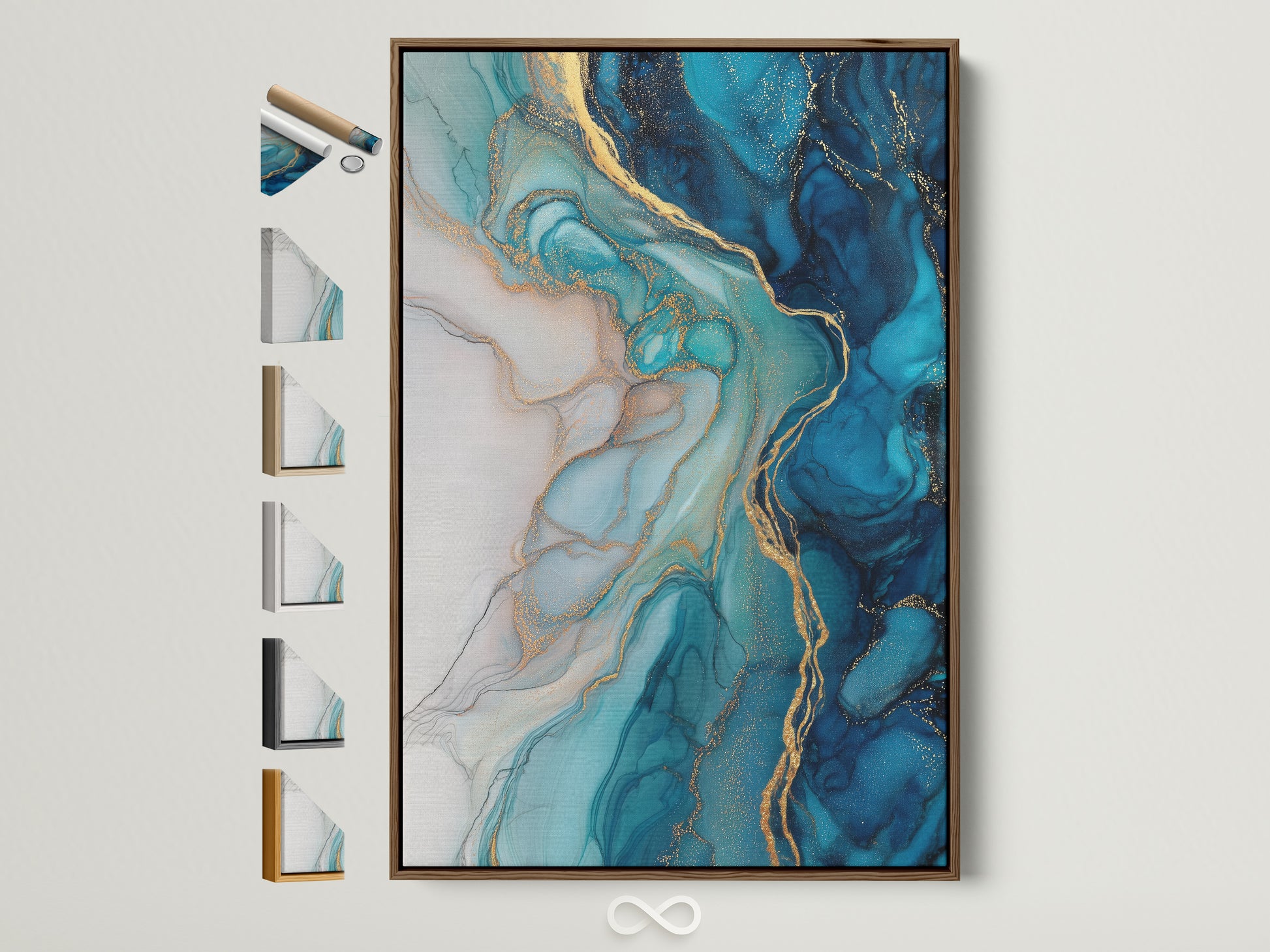 Explore frame options with this brown frame. The artwork features a captivating blue abstract with fluid acrylic textures and gold accents. Perfect for adding a coastal touch to your living space. This piece enhances modern bedroom decor with its teal and marble print.