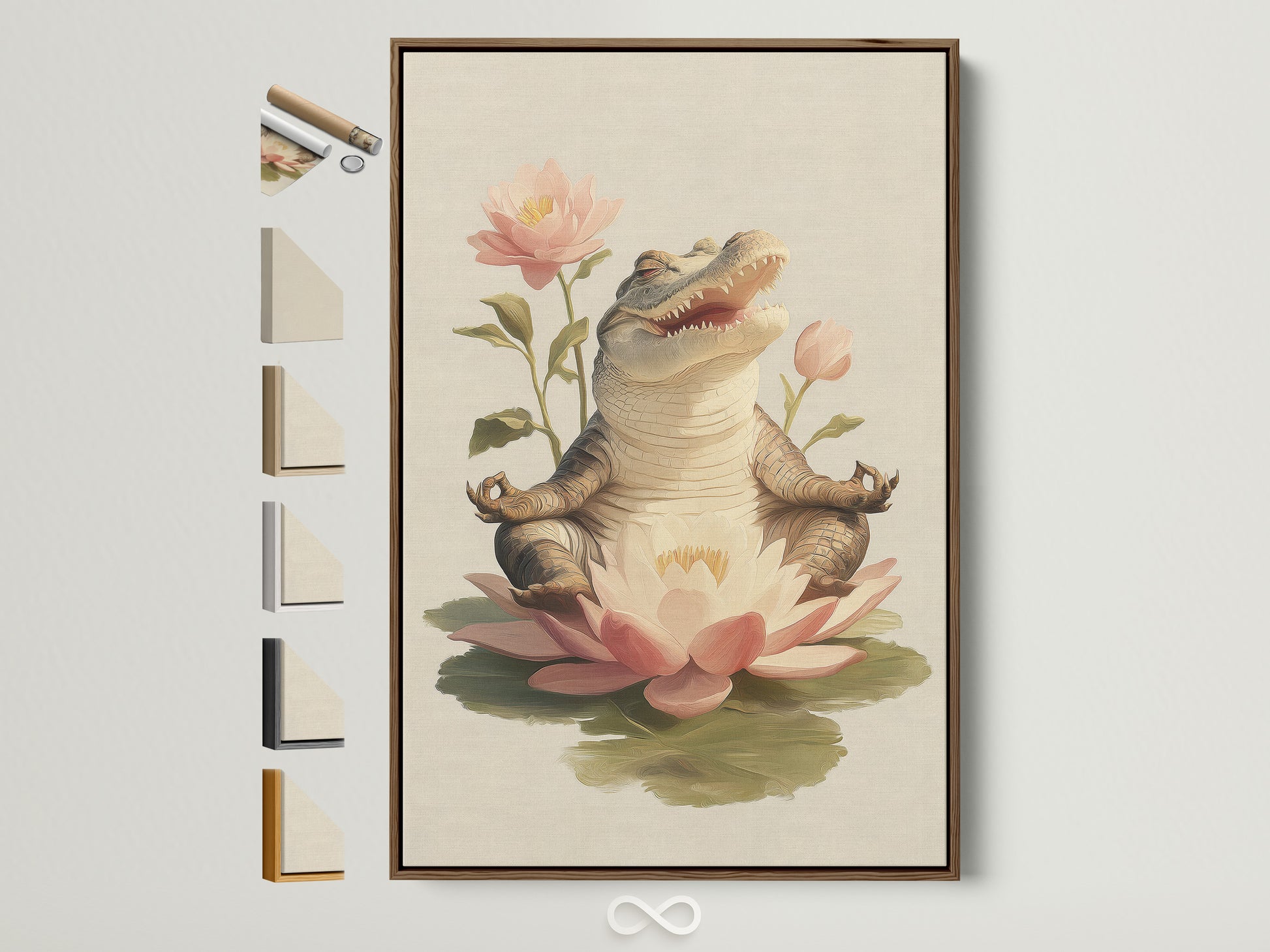 Zen Alligator art print in a brown frame. The artwork features an alligator in a meditation pose on a lotus flower. Frame options are displayed on the side. This whimsical lotus flower canvas adds a calming touch to any yoga studio decor.