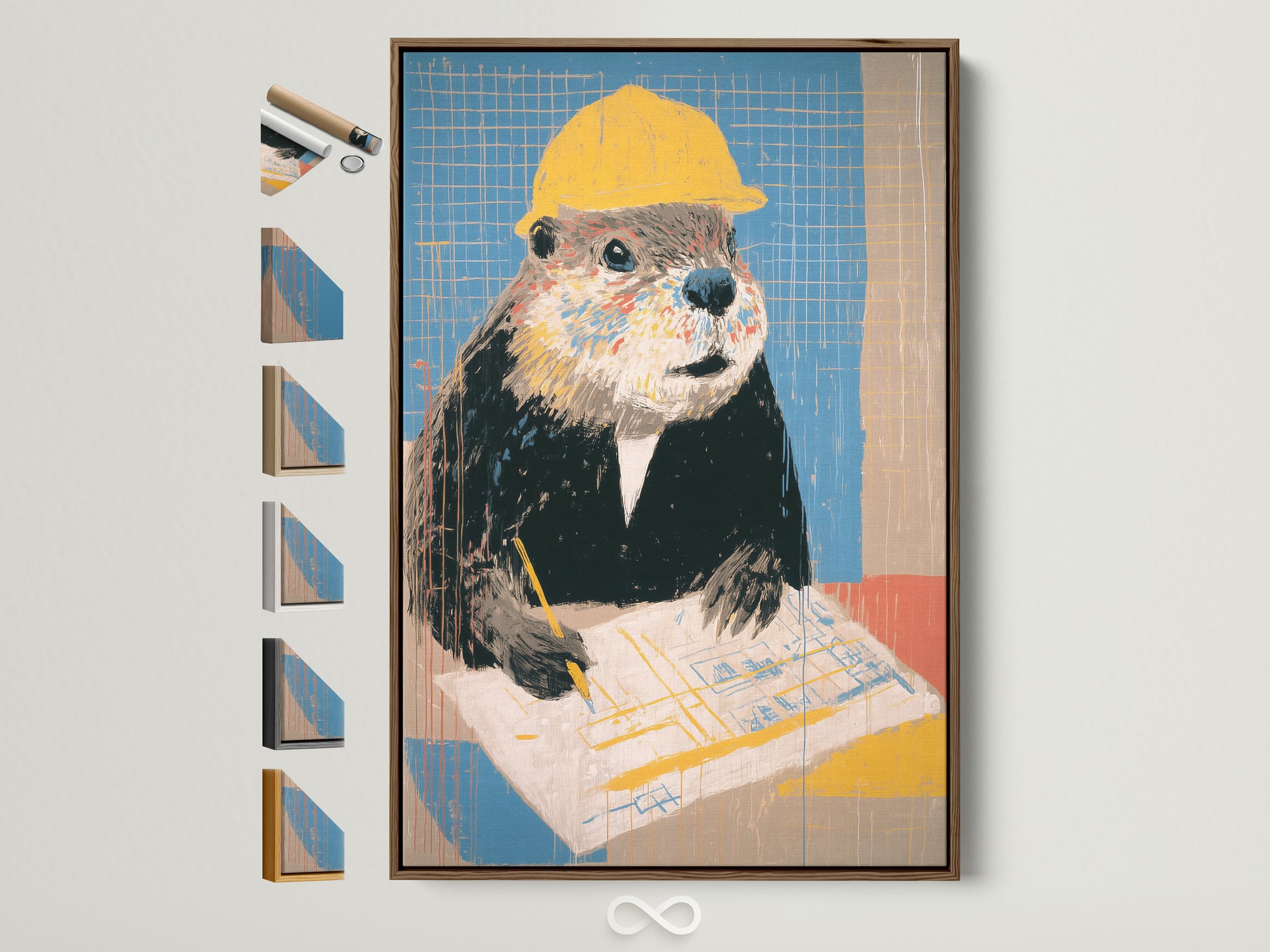 Framed beaver art print. The brown frame showcases the quirky animal worker canvas. See frame options. Funny office wall decor ideal as a contractor gift. Perfect for architects and construction professionals. Contemporary style with yellow and blue hues.