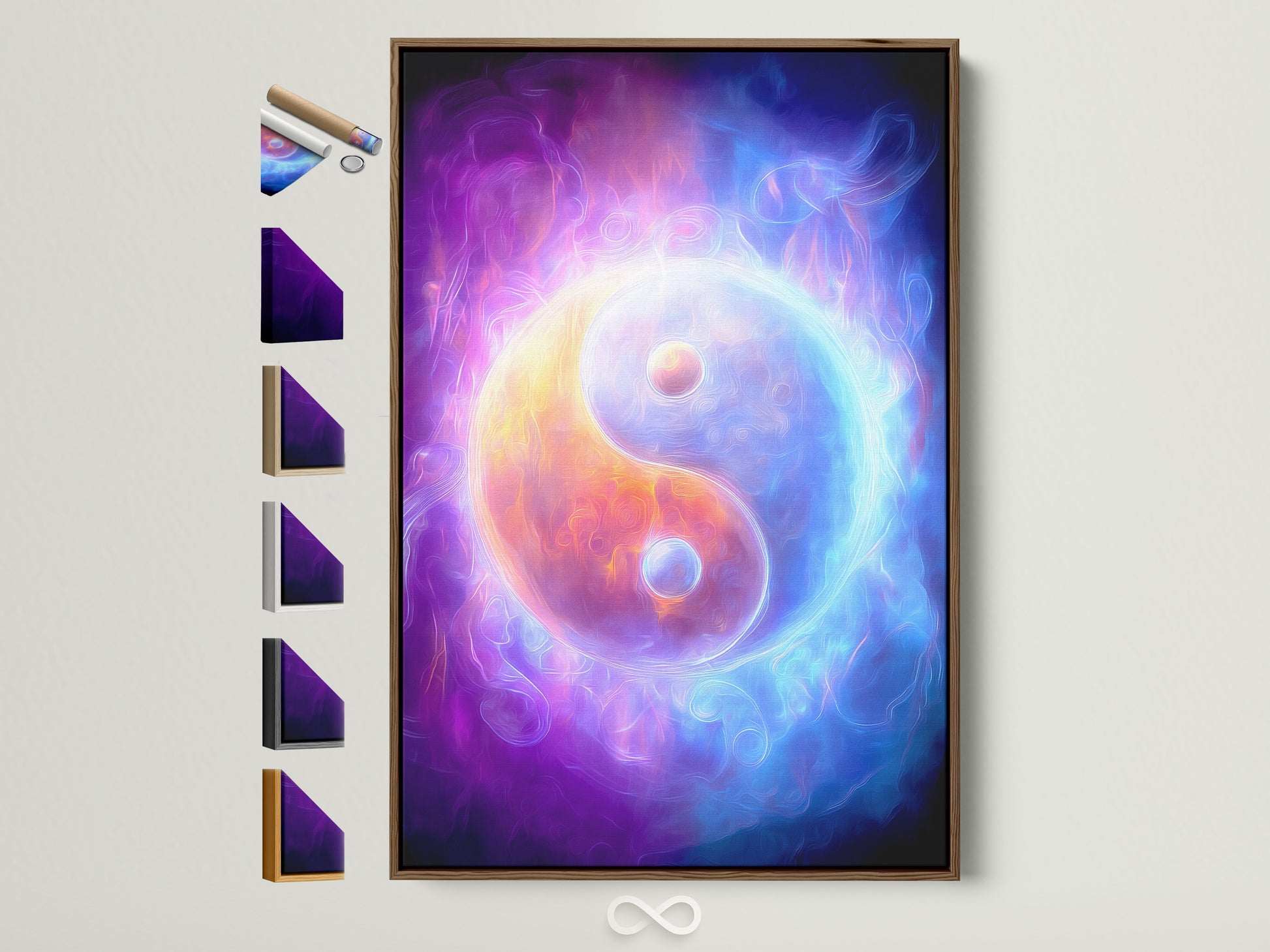 Explore framed Yin Yang cosmic energy wall art. The artwork features a spiritual purple and blue abstract design. This is an example of the brown frame option. See all frame styles available. It is ideal for meditation rooms and zen spaces. Elevate your home decor with this balanced art piece