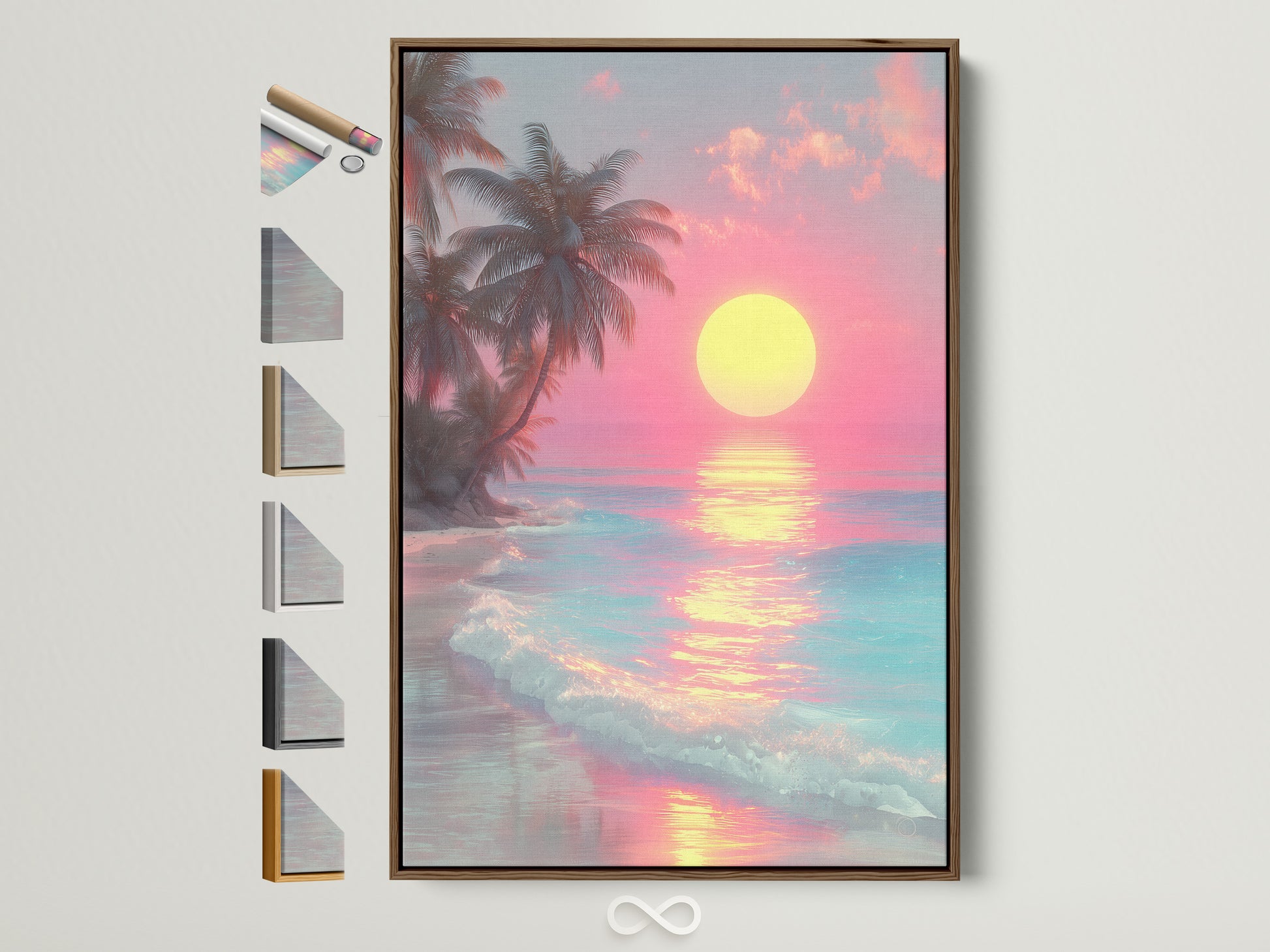 Framed sunset artwork with a brown frame. The artwork depicts a vibrant beach scene. Palm trees and a bright sun are visible. All frame options are displayed on the side. Perfect art for any room.