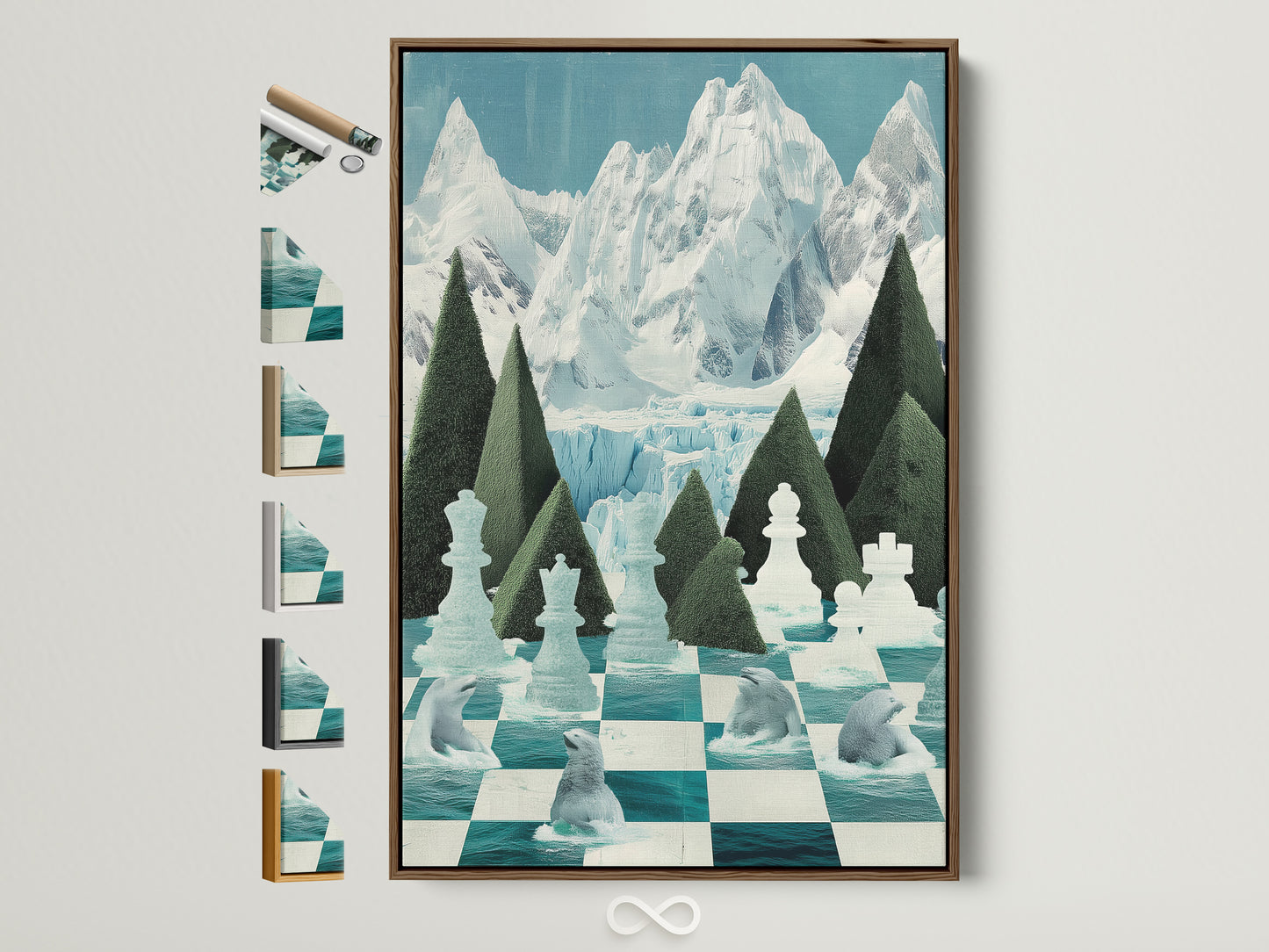 Explore frame options with this Chess Arctic Canvas Print. The polar bear wall artwork features a teal chessboard. It is displayed in a brown frame. See all available frame styles for your game room decor. This artwork is perfect for chess enthusiasts and modern art collectors.