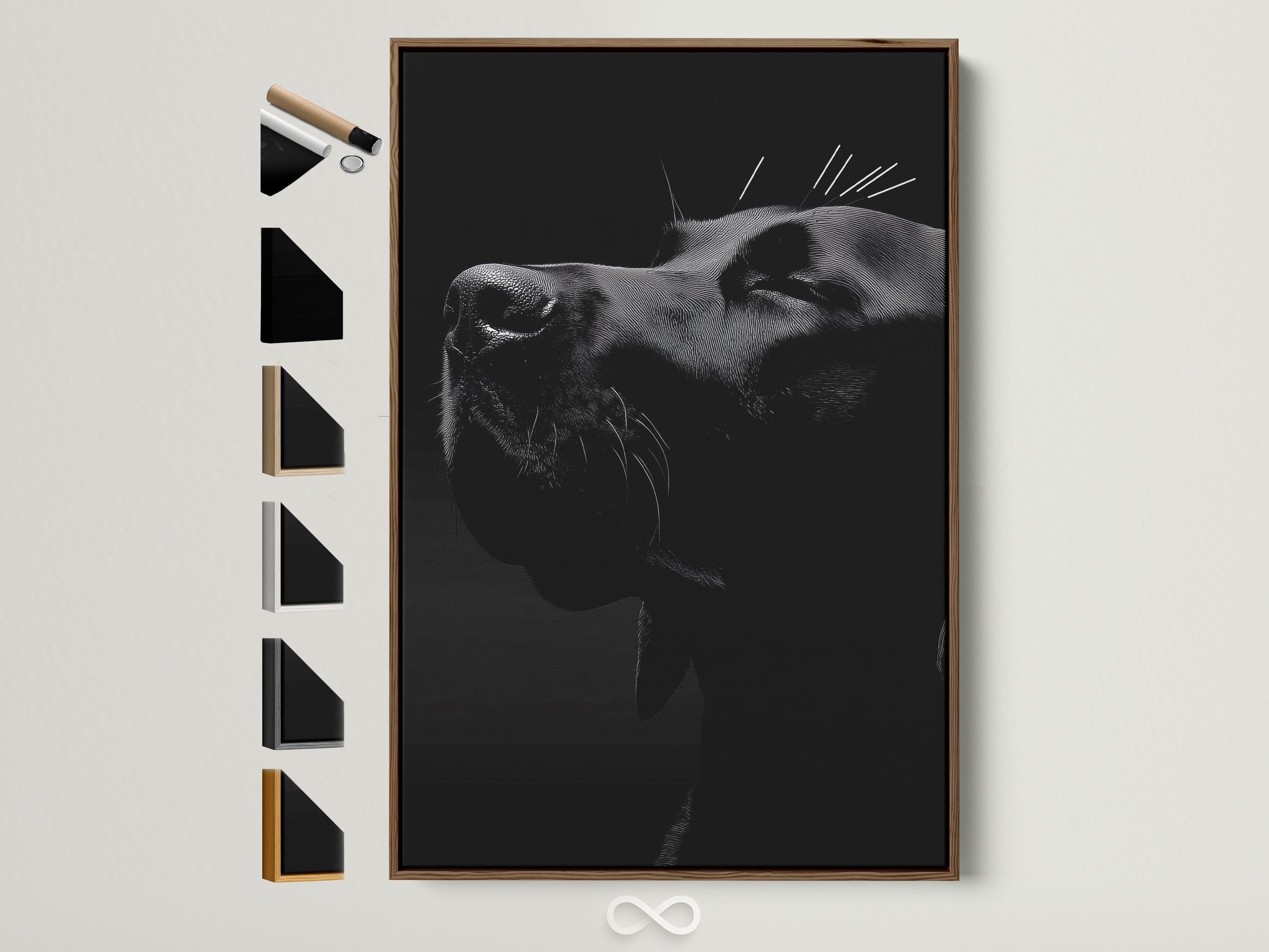 Explore framed cow portrait artwork options. See the brown frame alongside other frame styles. Perfect for homeowners and interior stylists. Find modern wall art for any style.
