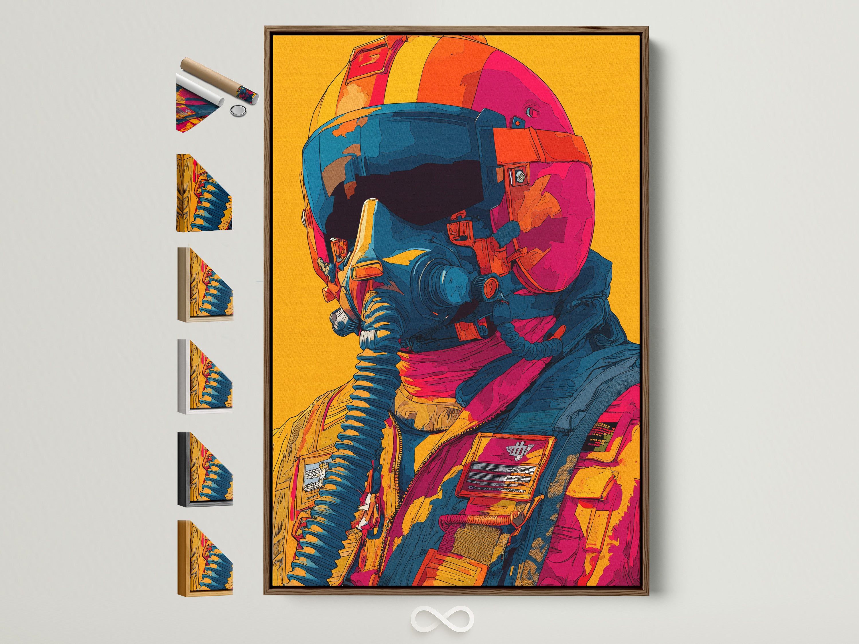 Artwork in a brown frame is displayed with other frame options. The art features a pilot with a helmet and mask. It is colorful and modern. View our frame options to customize your artwork.