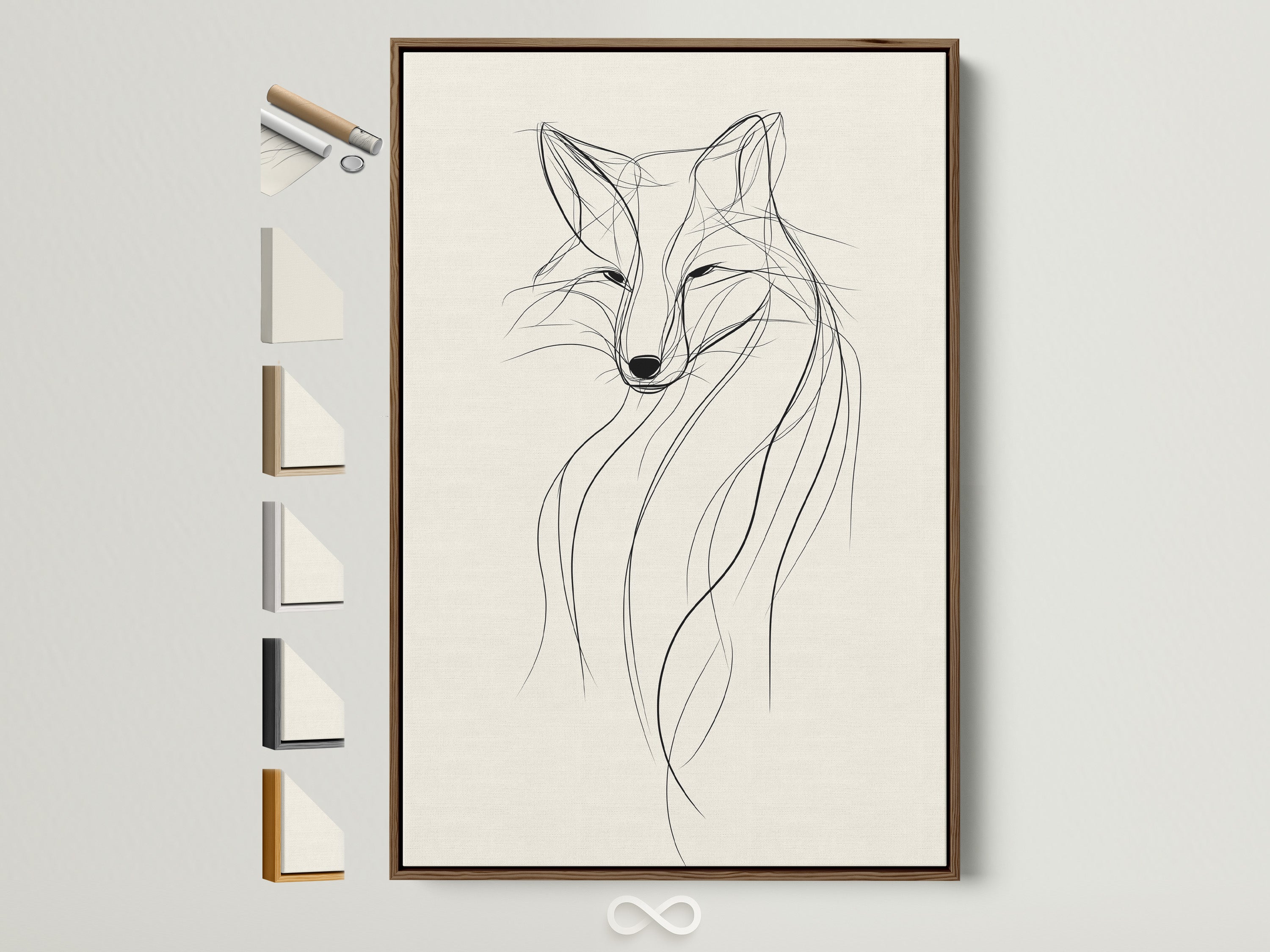 A brown frame displays minimalist fox line artwork. Frame samples showcase available options. This animal wall art complements modern decor. It is ideal for homeowners and interior designers. The beige and black art enhances living rooms and bedrooms.