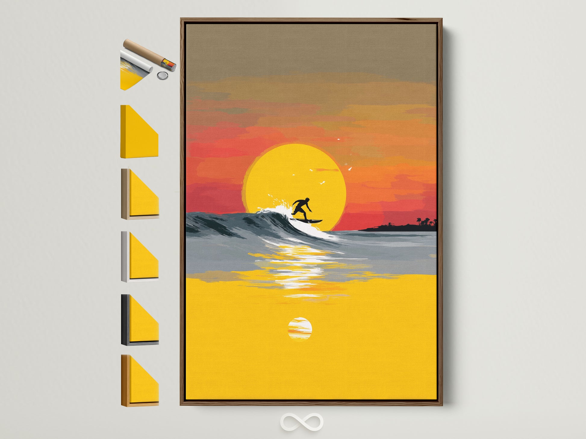 Elevate your space with coastal charm. This Surfing Canvas Print features a stunning sunset wave. The artwork is framed in a warm brown tone. Discover frame options for a personalized touch. Perfect for adding summer vibes to any room in your home or office.