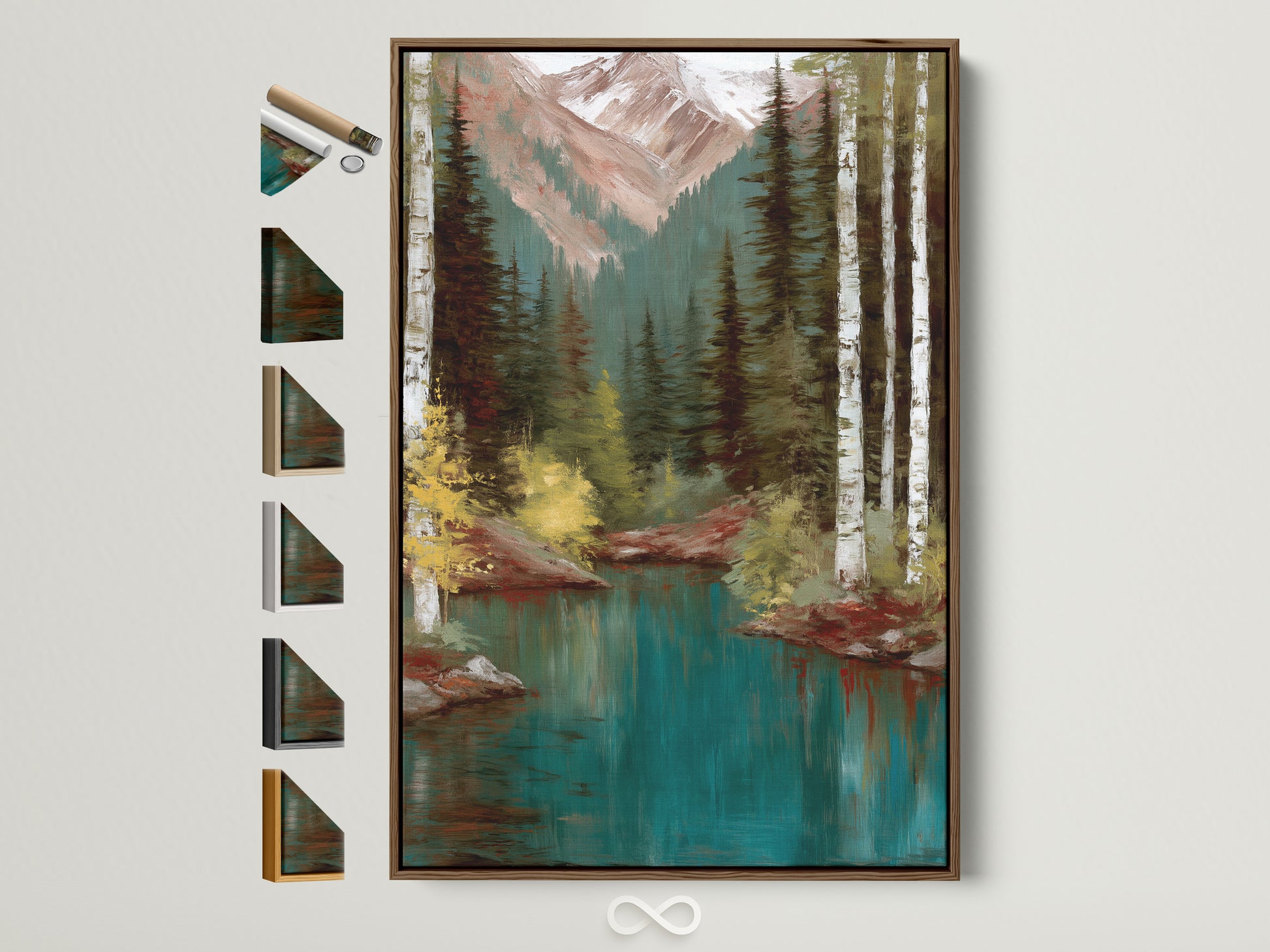 Mountain Lake artwork with a brown frame. The artwork features a serene teal lake surrounded by a lush forest and snow-capped mountains. Frame options are displayed beside the artwork. Perfect for adding a rustic touch to any living space or cabin decor. Bring the beauty of nature indoors with this stunning piece of art.
