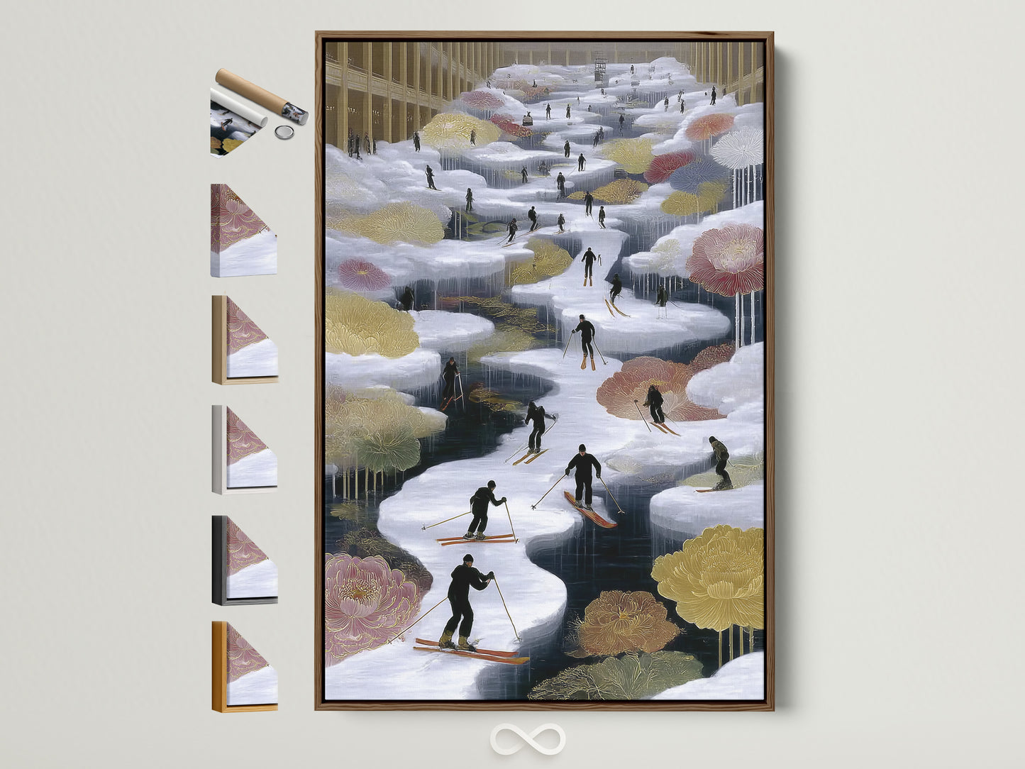 Brown frame displays a Skiing Canvas artwork. See all frame options to customize your winter sports wall art. This snowy mountain landscape is perfect for cabin decor and alpine adventure art. Find the perfect frame for your space.