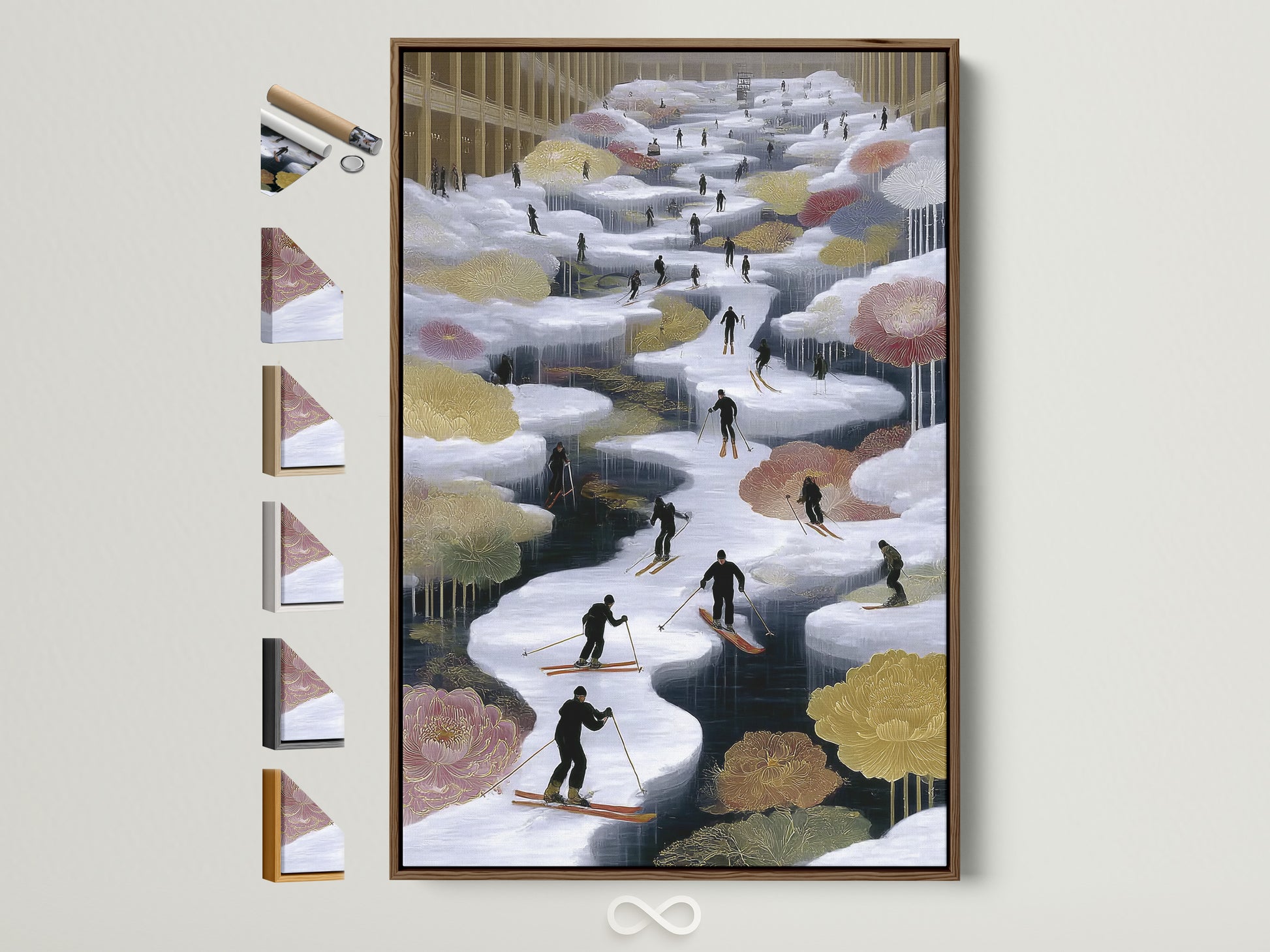Brown frame displays a Skiing Canvas artwork. See all frame options to customize your winter sports wall art. This snowy mountain landscape is perfect for cabin decor and alpine adventure art. Find the perfect frame for your space.