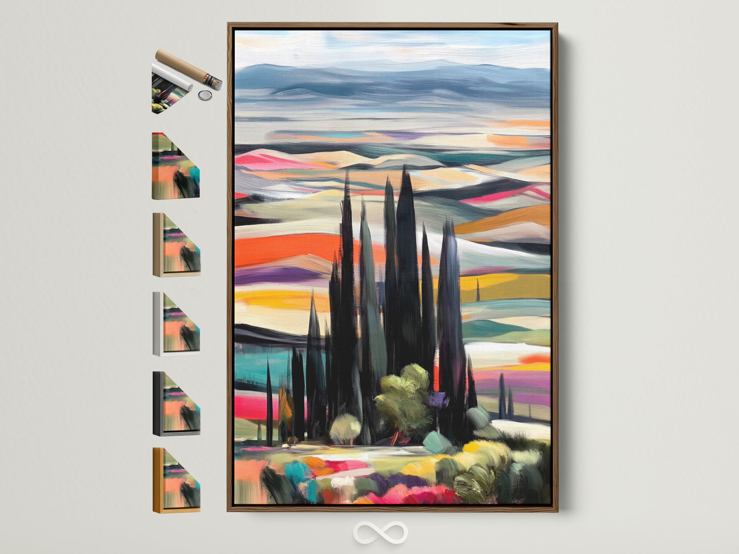 A vibrant Tuscan Landscape artwork is displayed in a brown frame. The artwork features cypress trees and a colorful Italian countryside. Explore frame options to complement your home decor. Find the perfect frame for your colorful wall art today. Ideal for adding modern sophistication to any space
