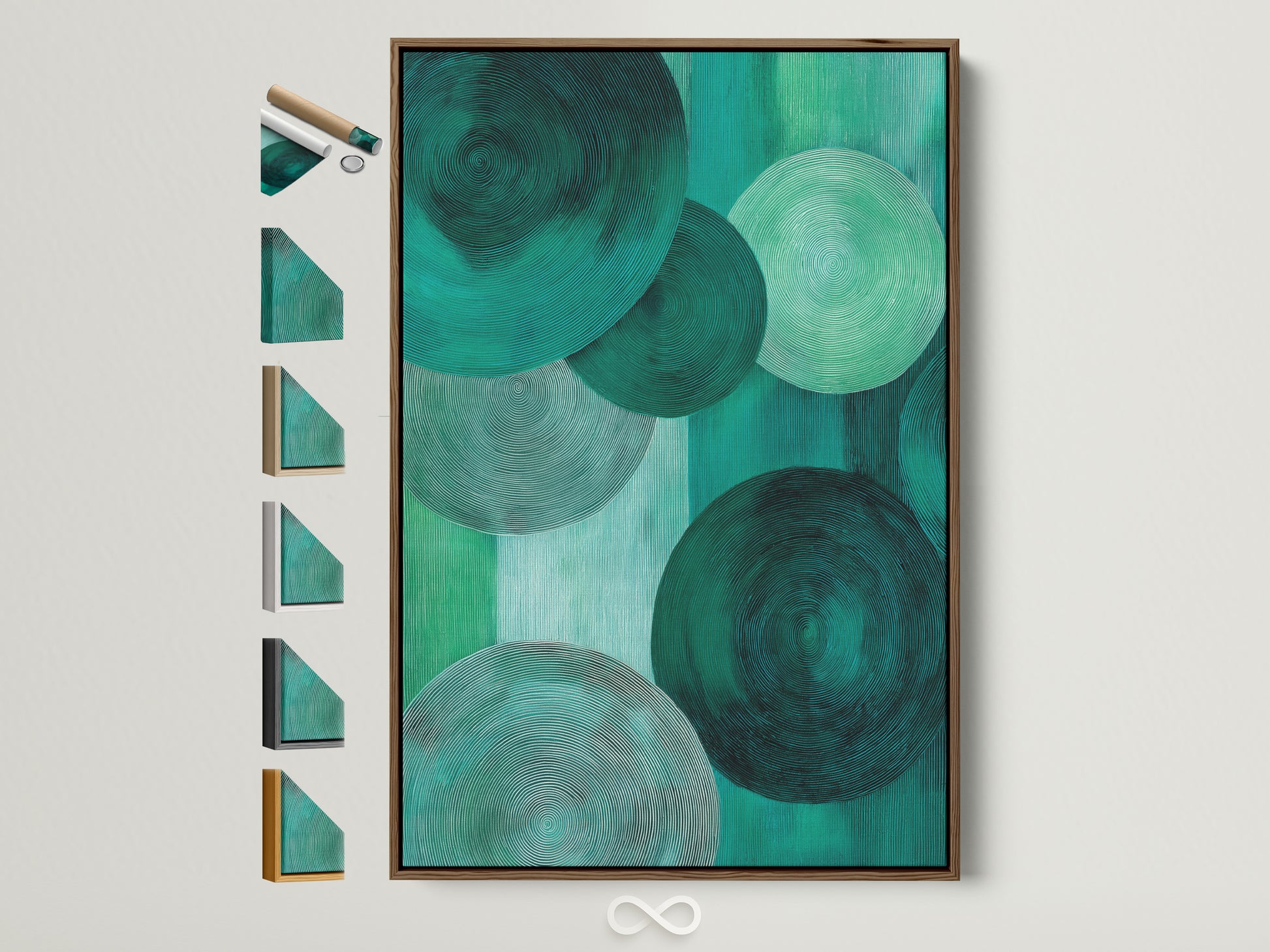A brown frame displays emerald green abstract art. The modern geometric circle canvas print is a contemporary artwork. Frame options are visible on the side. This is ideal for modern wall art.