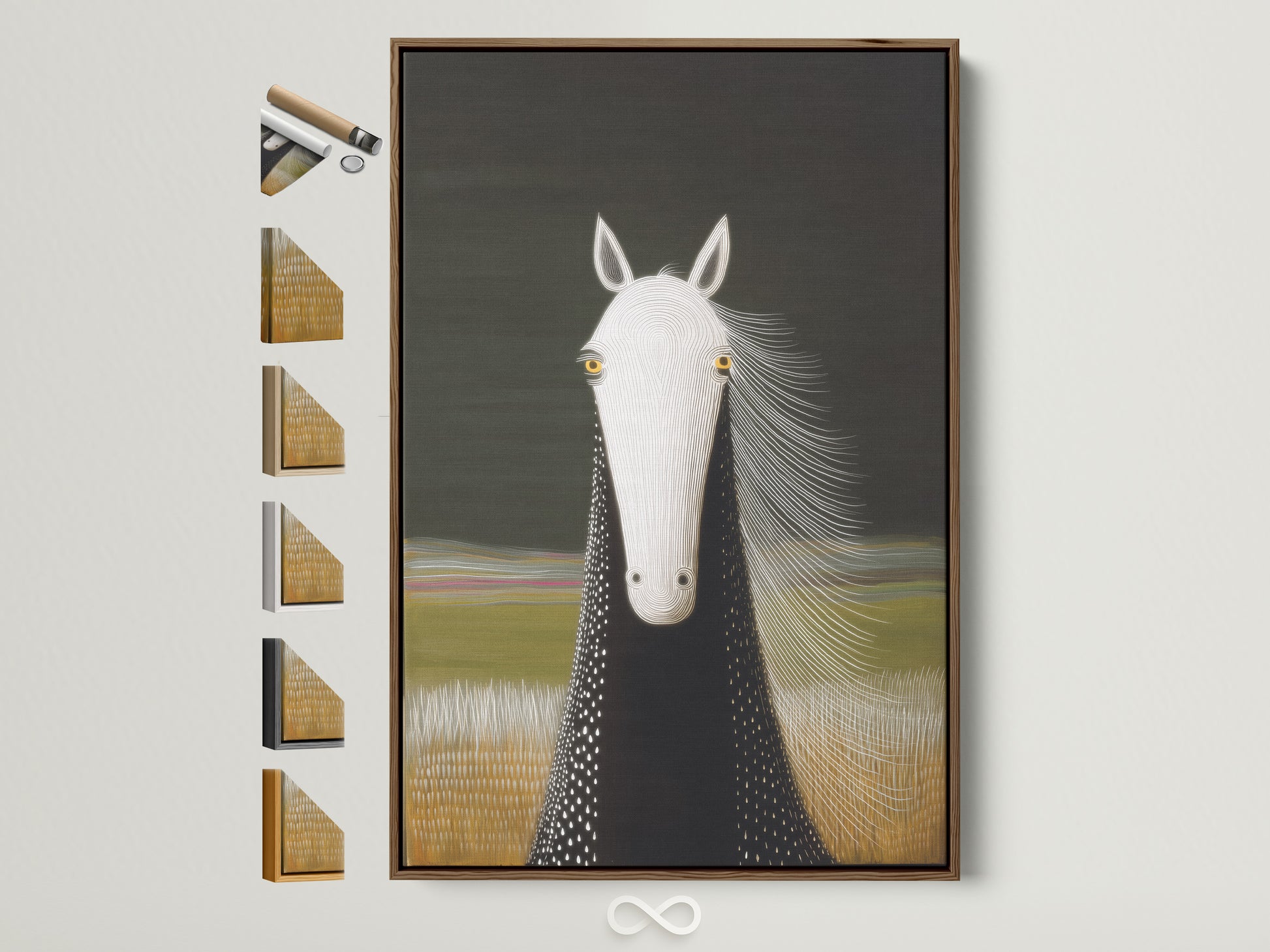 Brown frame displays a horse portrait canvas print. Multiple frame options are on the side. This minimalist equestrian wall art suits modern farmhouse decor for entryways and stables. Find the perfect animal canvas for your home or office.