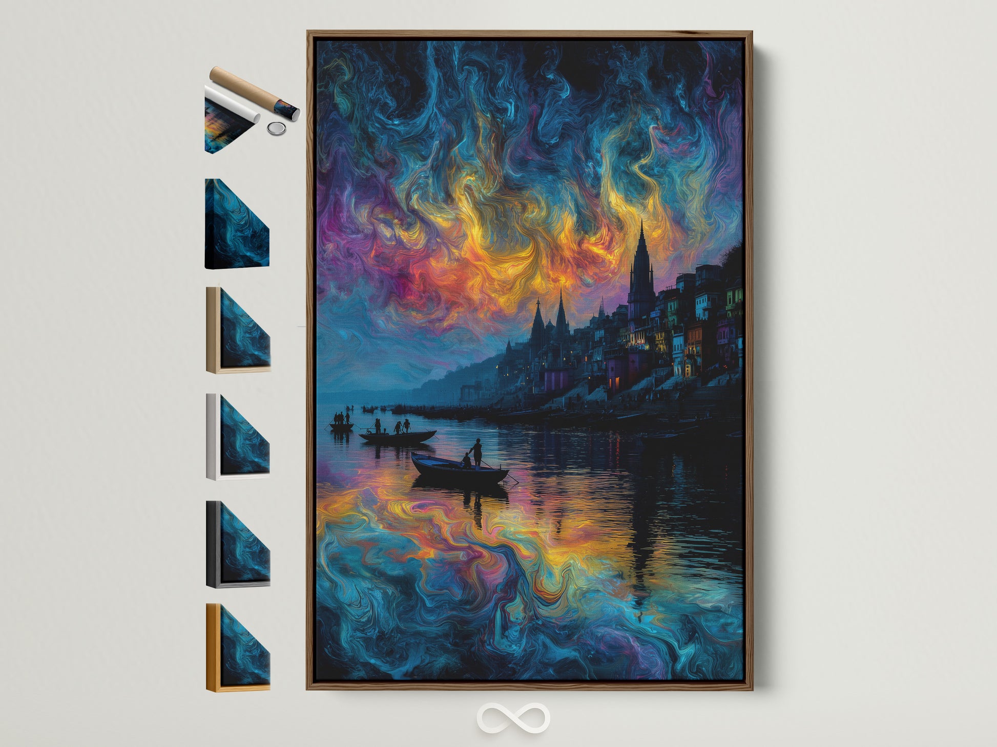 Abstract waterscape artwork with a brown frame. See all our frame options available. This surreal cityscape features a vibrant swirling sky. The colorful wall art is perfect for bedroom wall decor.