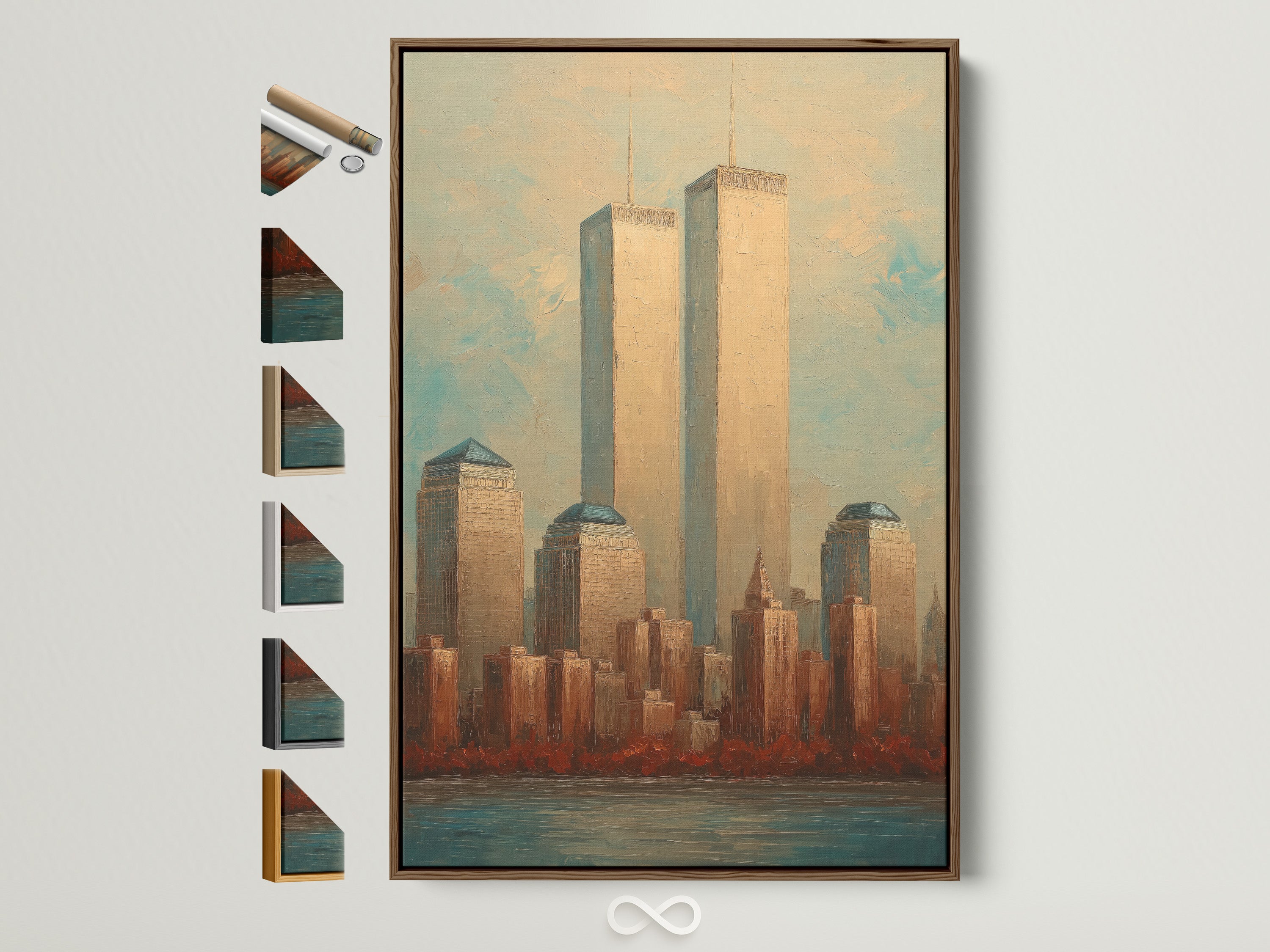 Framed NYC Skyline artwork featuring the Twin Towers. The brown frame complements the vintage Manhattan cityscape. Explore frame options to match your decor style. Perfect office or home wall decor.