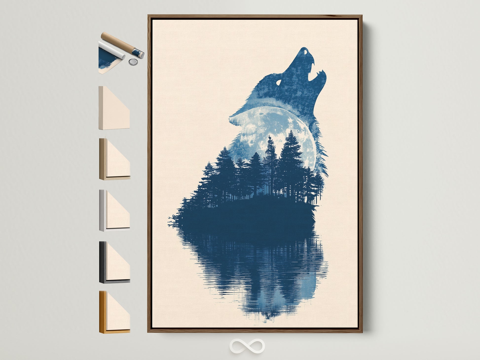 A captivating wolf artwork. Framed in a warm brown tone. Various frame options are displayed alongside. Find the perfect frame to complement your style. A beautiful piece to enhance any living space. Explore our range of framing choices. Discover the ideal match for your artwork. Elevate your home decor with our exquisite options.