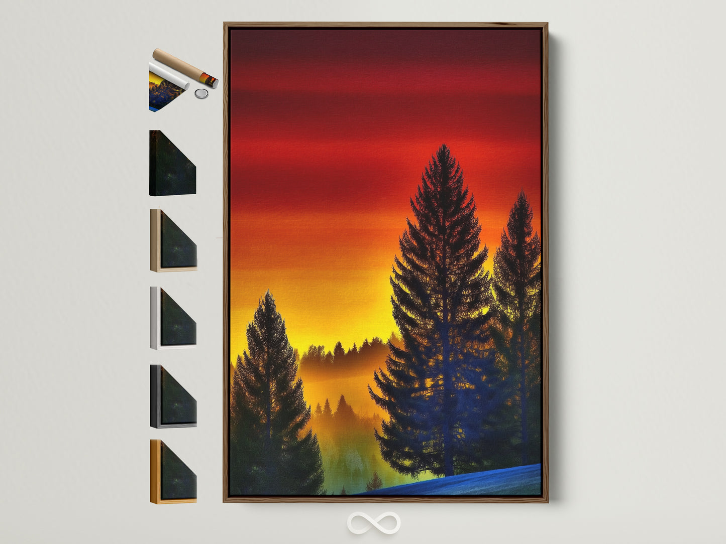 A warm tone nature artwork in a brown frame. This forest sunset canvas print features a silhouette of pine trees. Ideal rustic wall art for living rooms bedrooms and cabins. The artwork enhances farmhouse woodland or traditional decor styles.