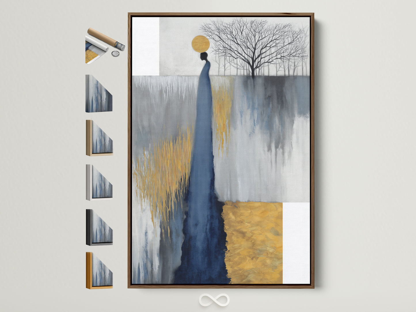 A serene abstract figure canvas print graces a wall. The artwork features a brown frame. Other frame options are displayed beside it. The art combines grey blue and gold tones for a modern minimalist aesthetic. It's ideal for adding an elegant touch to any entryway decor.