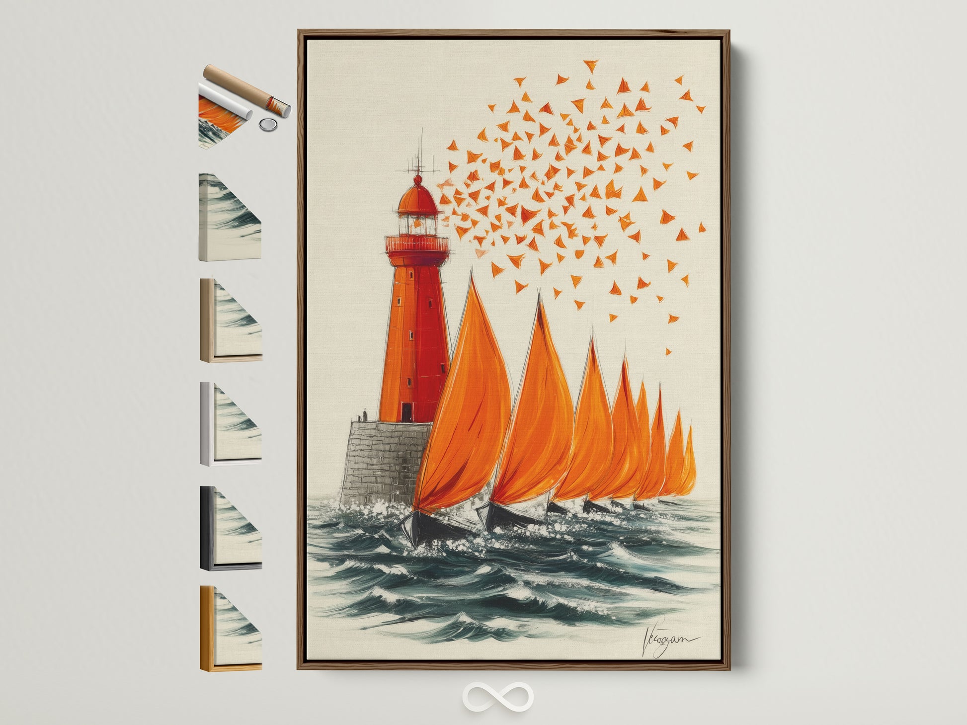Framed coastal artwork featuring a lighthouse and sailboats. The art print is surrounded by various frame options. A brown frame is prominently displayed. Explore nautical wall art. Discover the perfect frame for your seascape artwork.