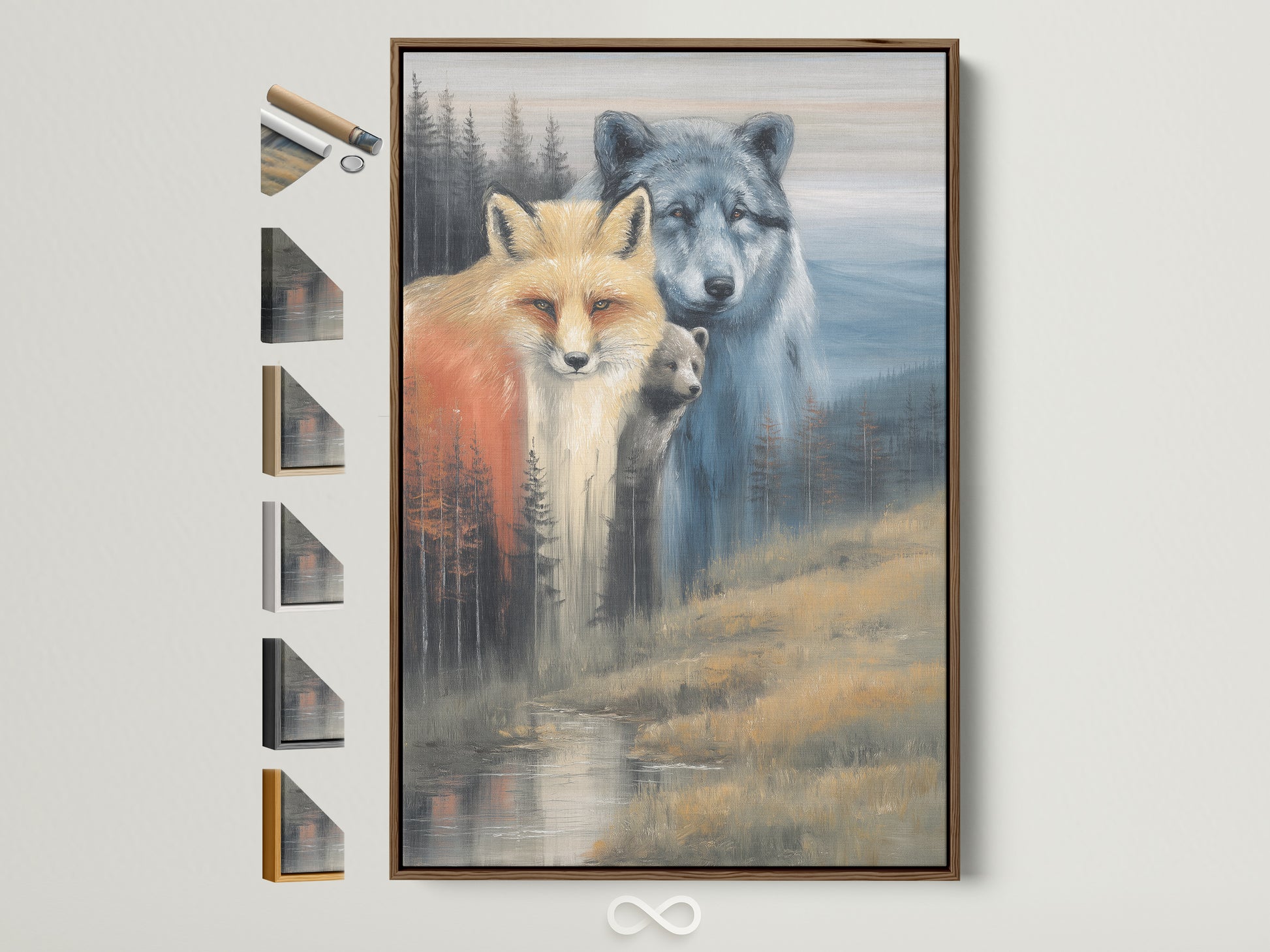 Wildlife family artwork featuring a fox wolf and bear in a brown frame. This rustic wall art is perfect for cabin decor. See all our frame options available for animal artwork.