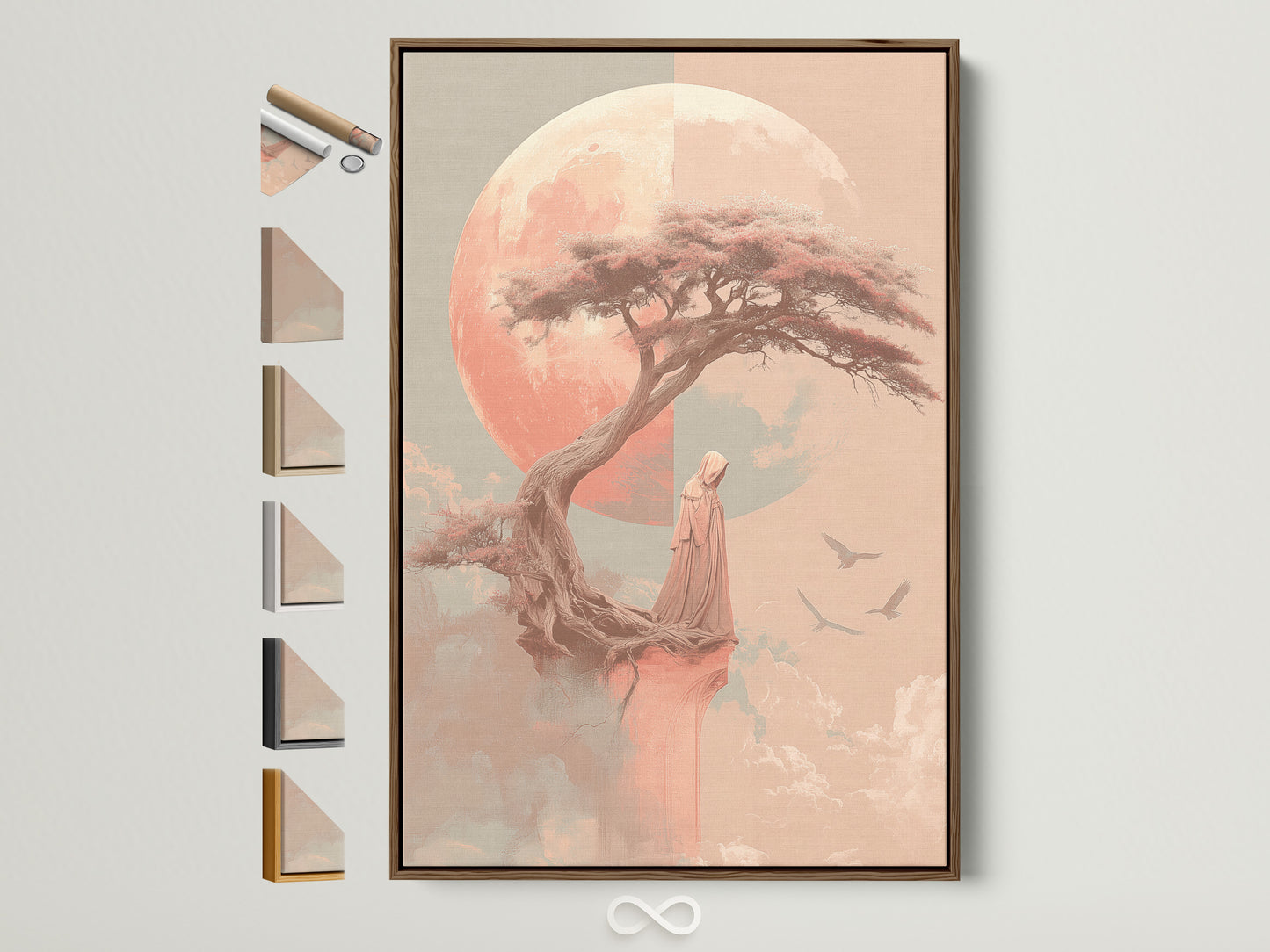 Zen Tree art print with a brown frame. This coral pink meditation canvas wall art provides peaceful bedroom decor. Frame options displayed on the side show available choices. It's perfect for creating a serene space.